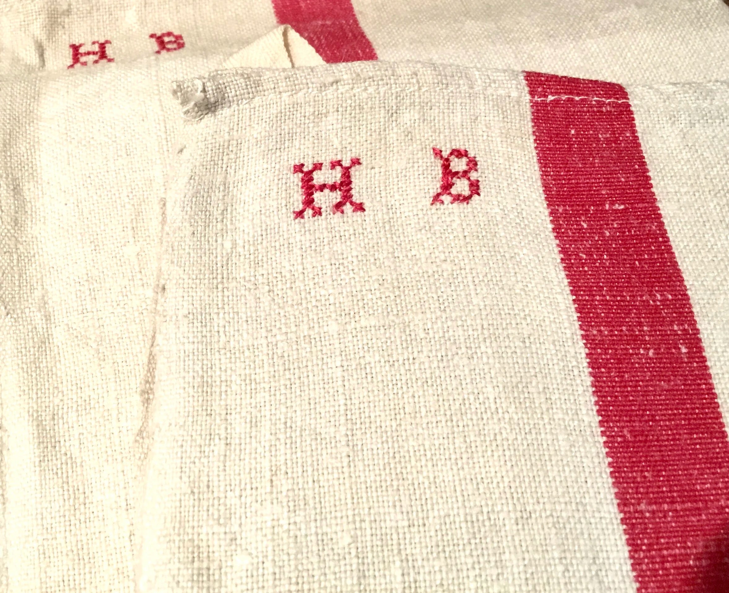 French Vintage Red-Striped Linen Kitchen Towels, c.1920s, Single/One Stripe, Large