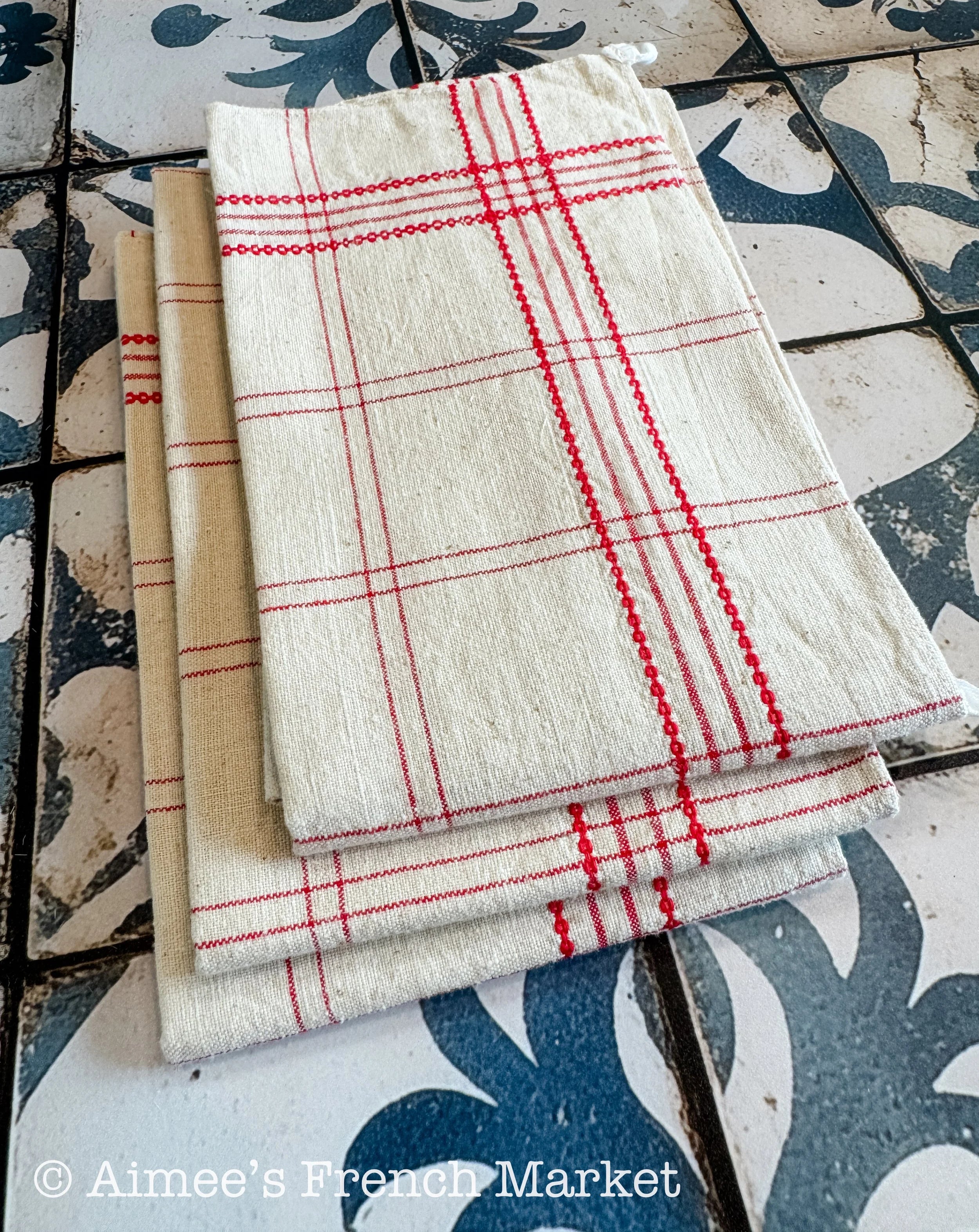 Vintage Linen/Cotton Kitchen Towel, Red Stipes. c. 1950s
