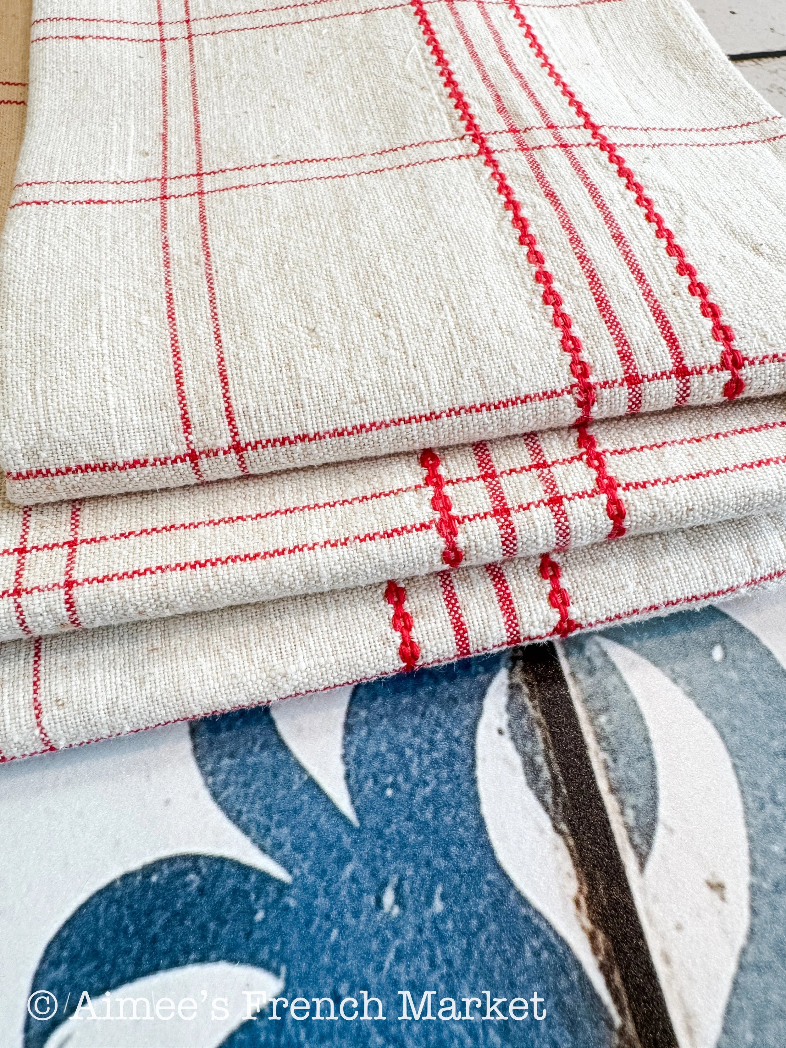 Vintage Linen/Cotton Kitchen Towel, Red Stipes. c. 1950s