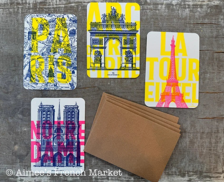 Paris in Bright Lights Cards from Vintage French Engravings, Set of 4  - Handmade in Paris