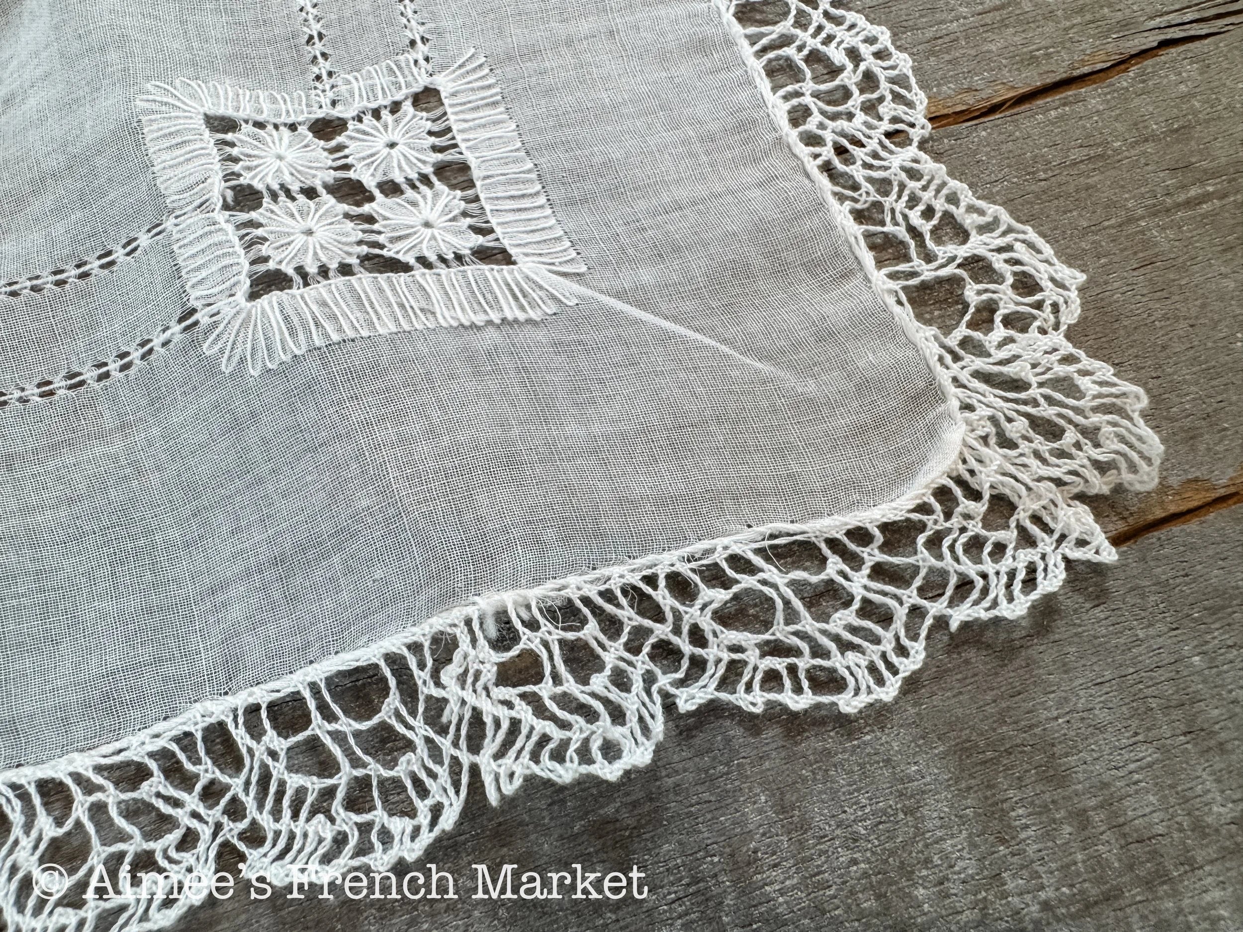 Antique French Linen Doilies – Hand Embroidered with Lace Edging, Set of 5