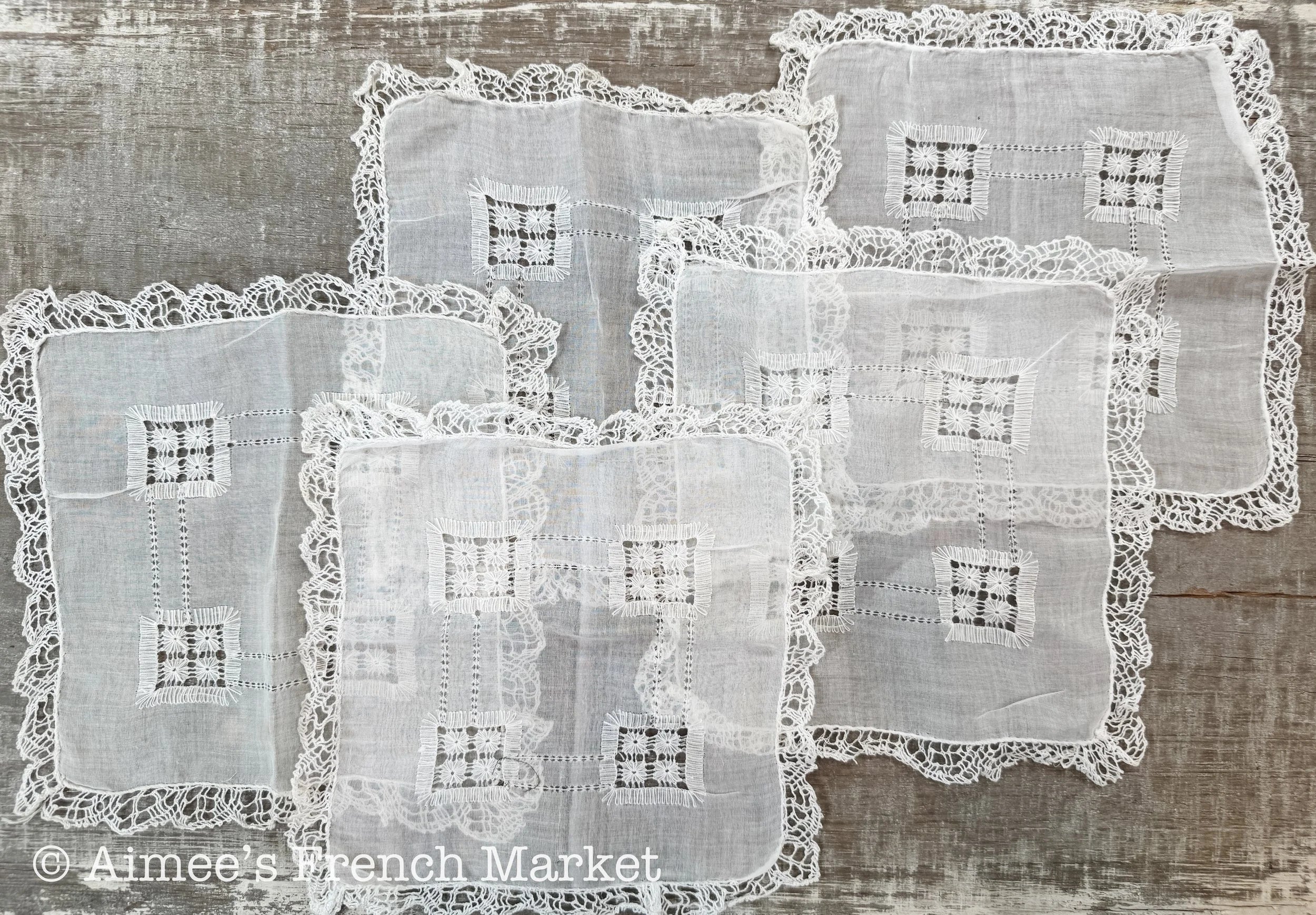 Antique French Linen Doilies – Hand Embroidered with Lace Edging, Set of 5