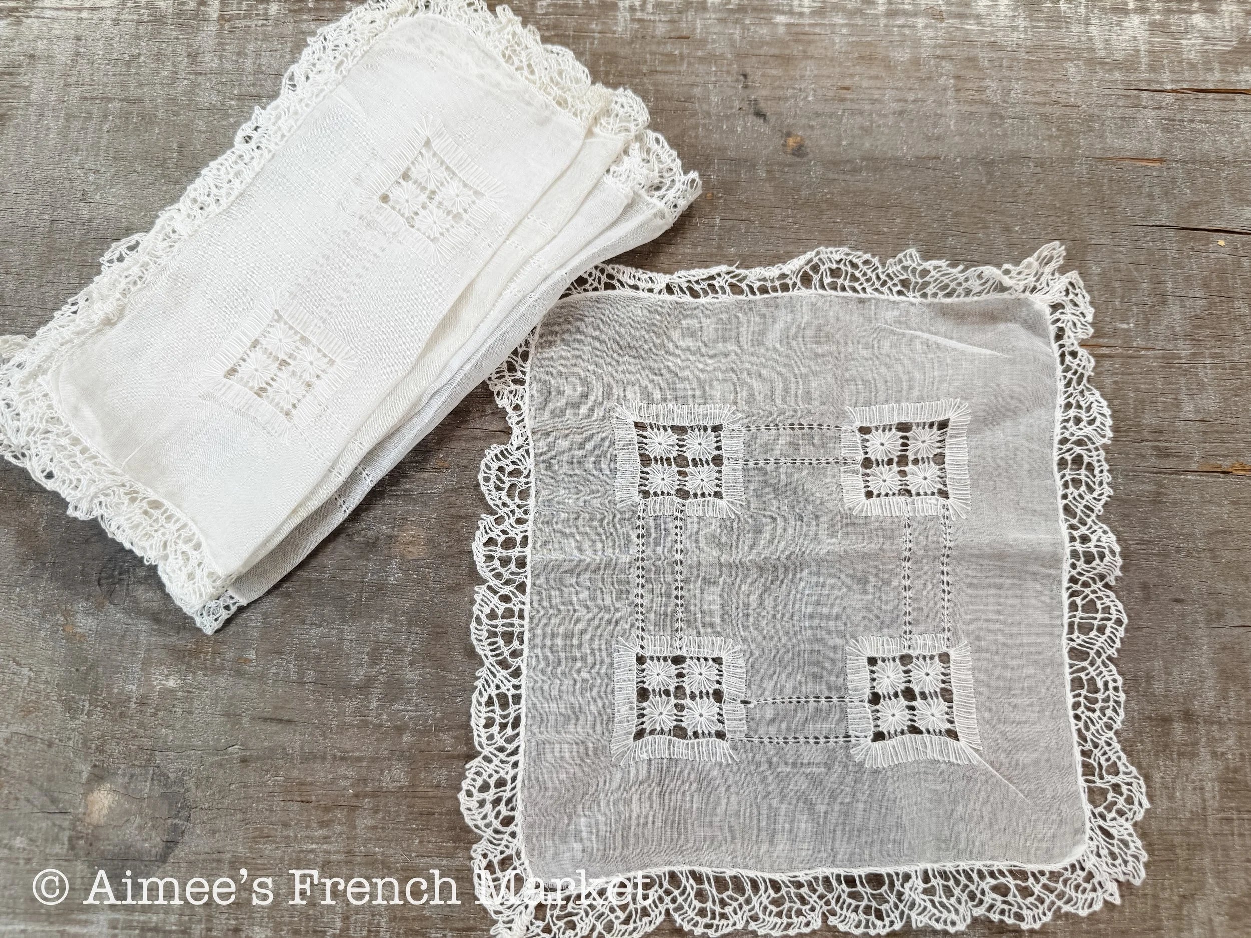 Antique French Linen Doilies – Hand Embroidered with Lace Edging, Set of 5