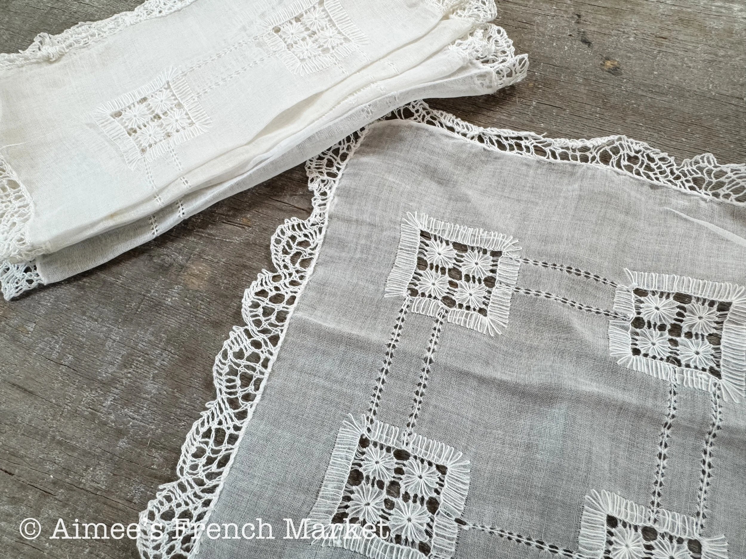 Antique French Linen Doilies – Hand Embroidered with Lace Edging, Set of 5
