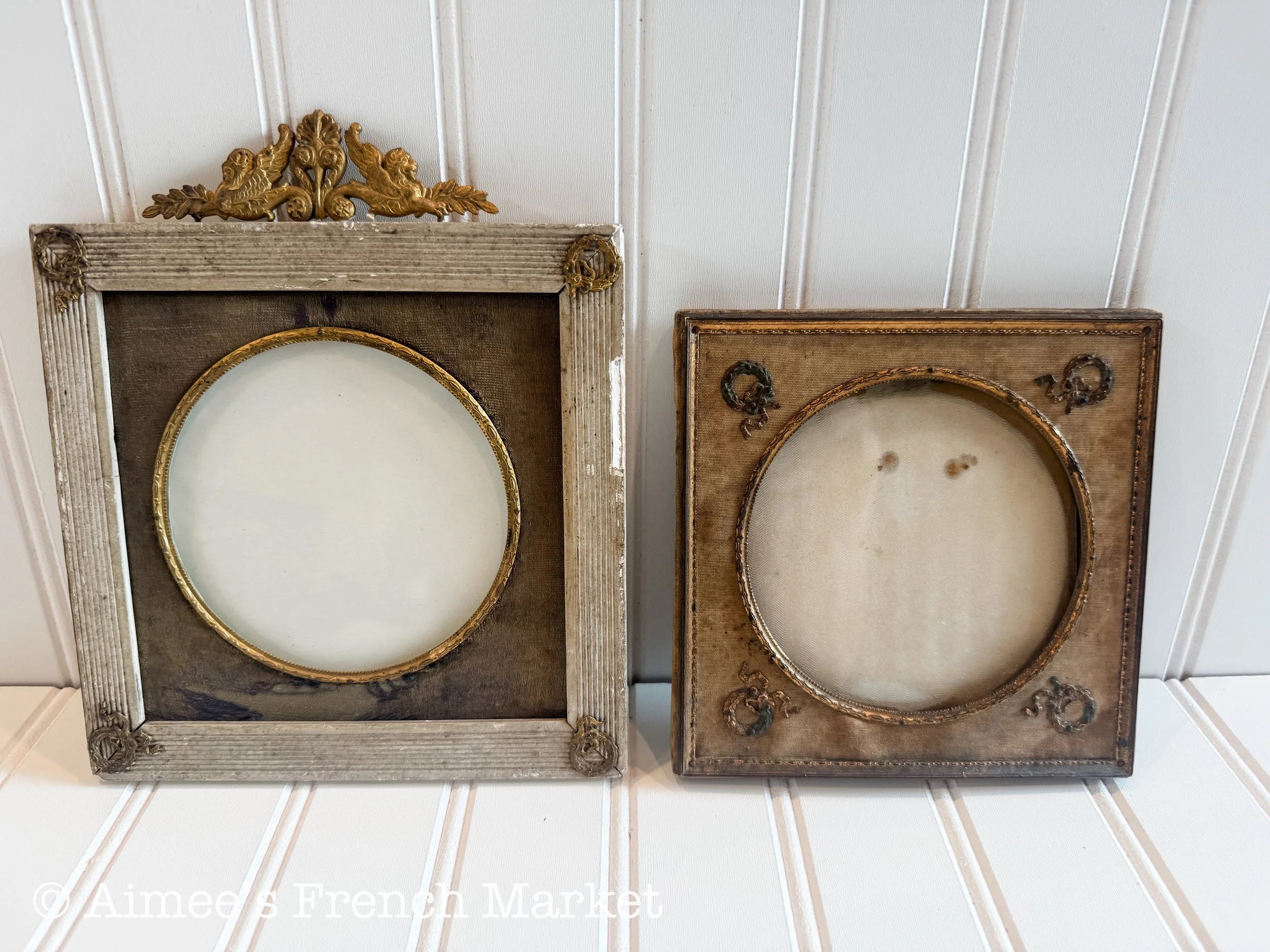 Antique French Photo Frame, Louis XVI Style Round Portrait Frame, Silk Mat Ormolu Mounts, Small, c. 1880s