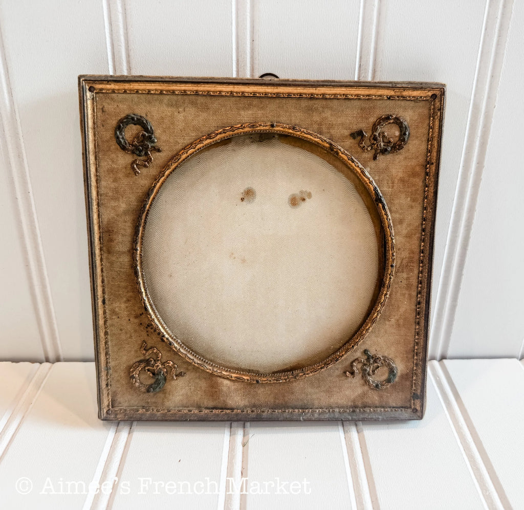 Antique French Photo Frame, Louis XVI Style Round Portrait Frame, Silk Mat Ormolu Mounts, Small, c. 1880s