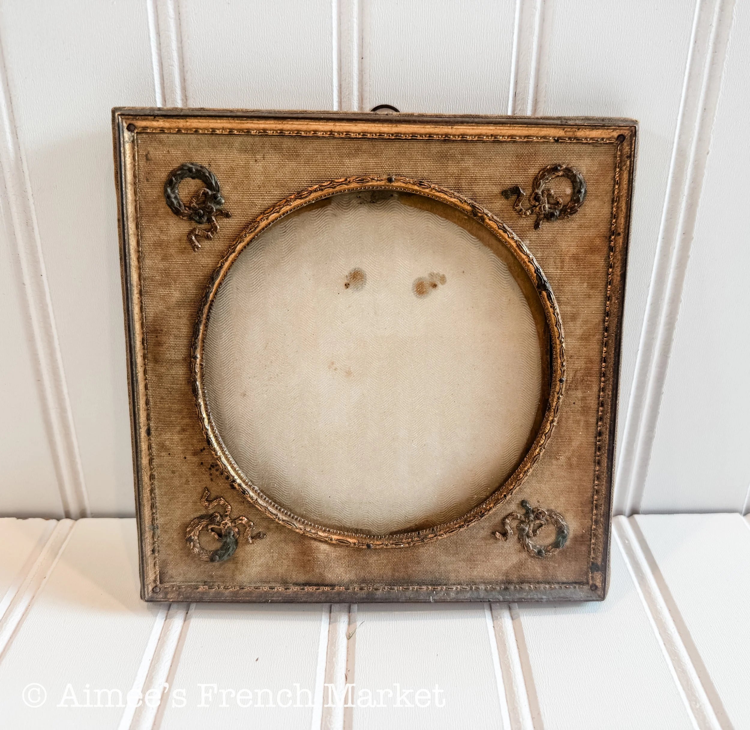 Antique French Photo Frame, Louis XVI Style Round Portrait Frame, Silk Mat Ormolu Mounts, Small, c. 1880s