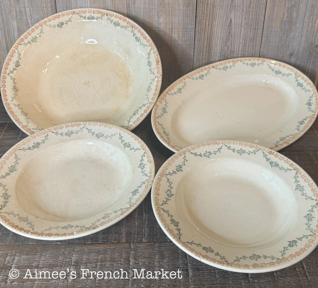 Antique French Faience Soup Bowls – Faïencerie Nouvelle Givors – Burnt Orange & Green Floral – 19th Century French Pottery – Pair