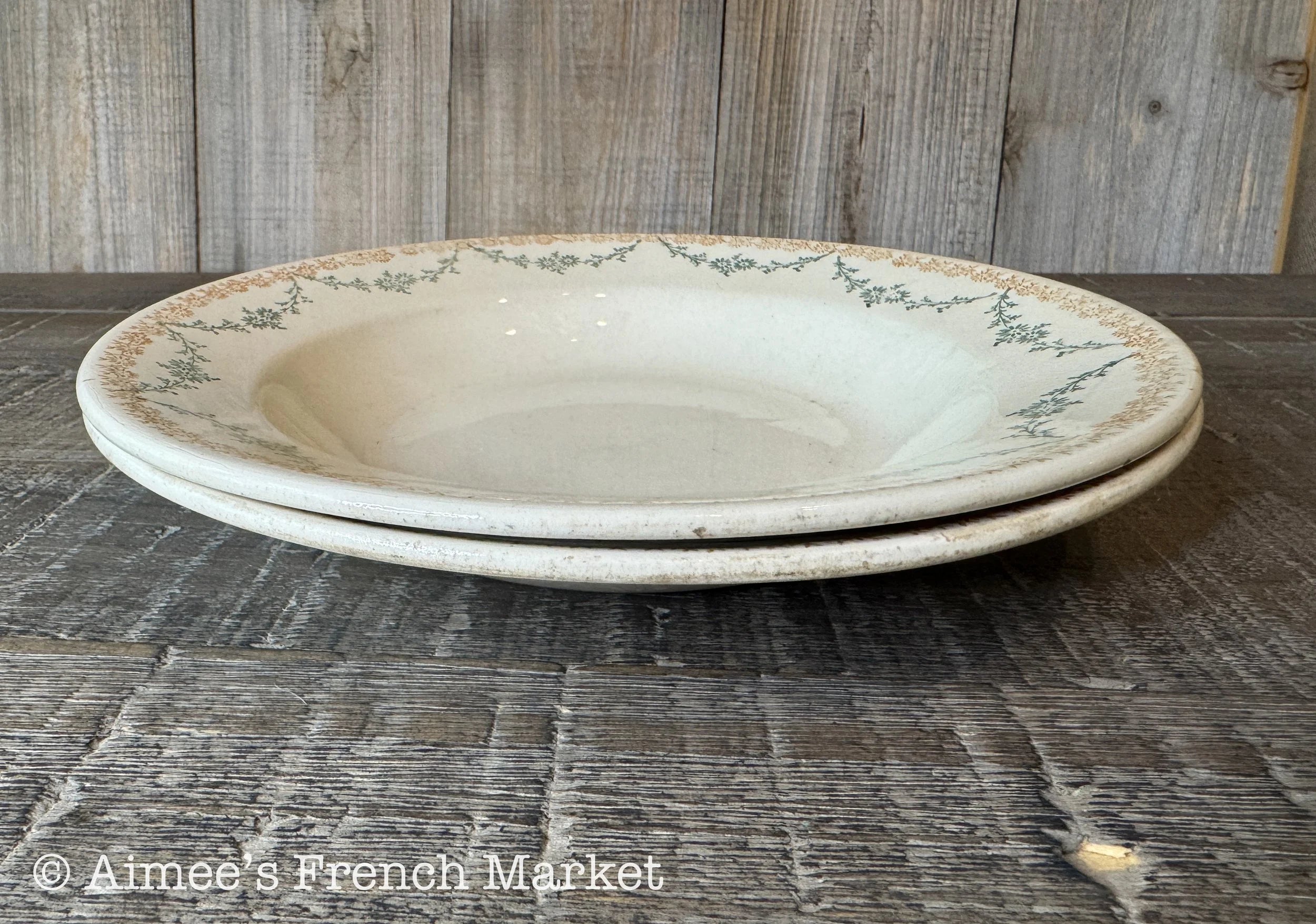 Antique French Faience Soup Bowls – Faïencerie Nouvelle Givors – Burnt Orange & Green Floral – 19th Century French Pottery – Pair