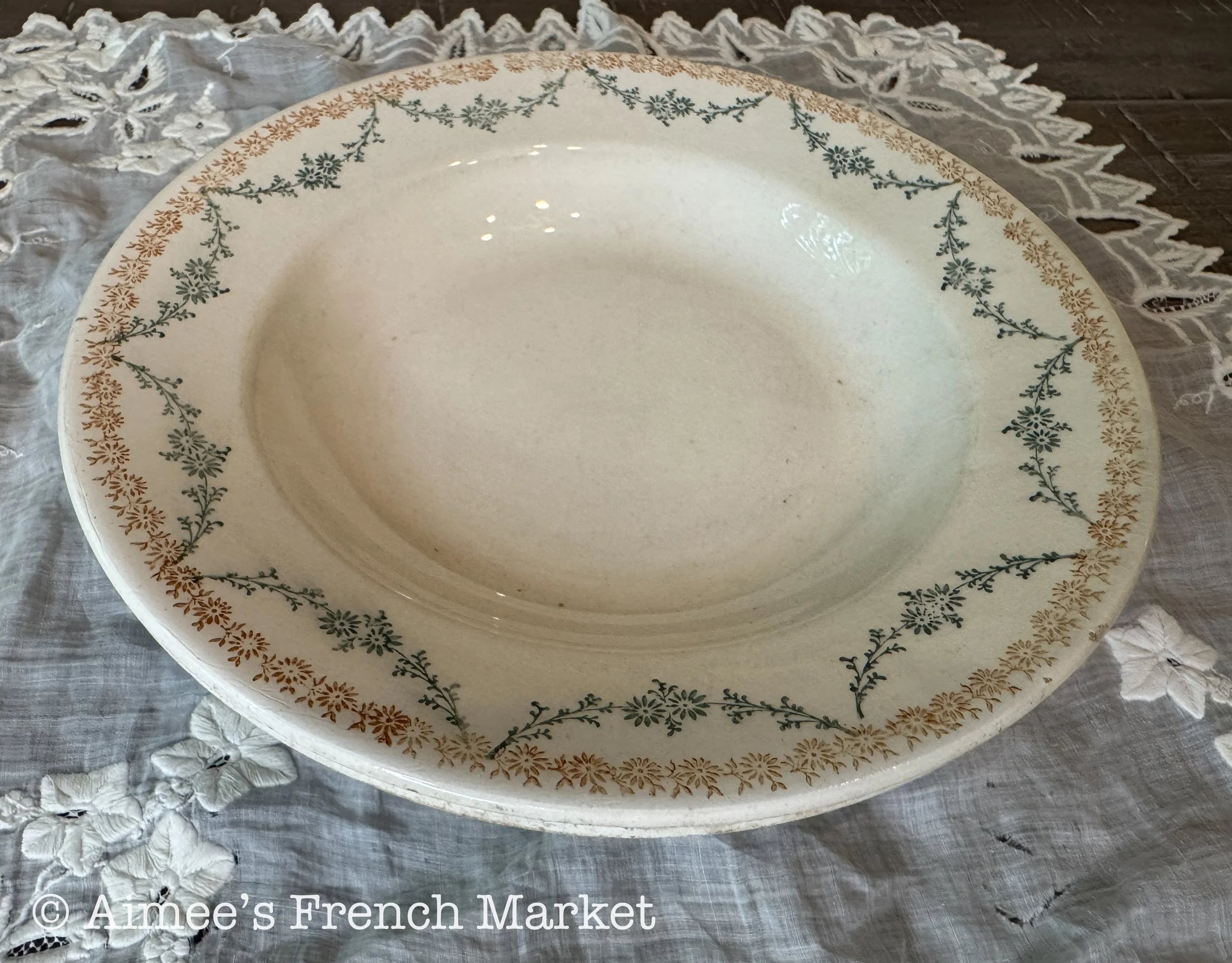 Antique French Faience Serving Bowl – Faïencerie Nouvelle Givors – Burnt Orange & Green Floral – 19th Century French Pottery
