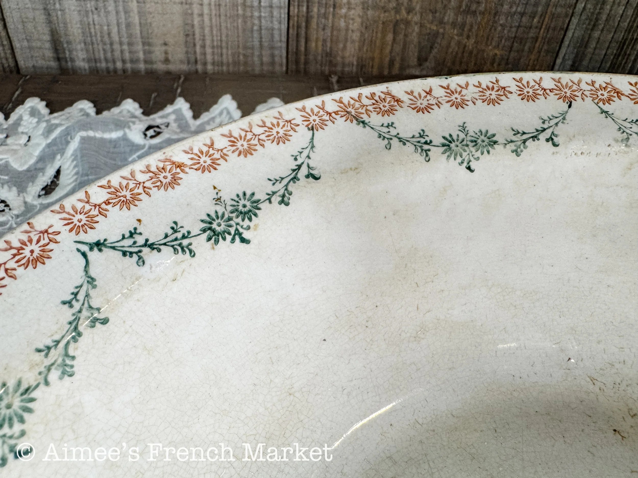 Antique French Faience Serving Bowl – Faïencerie Nouvelle Givors – Burnt Orange & Green Floral – 19th Century French Pottery