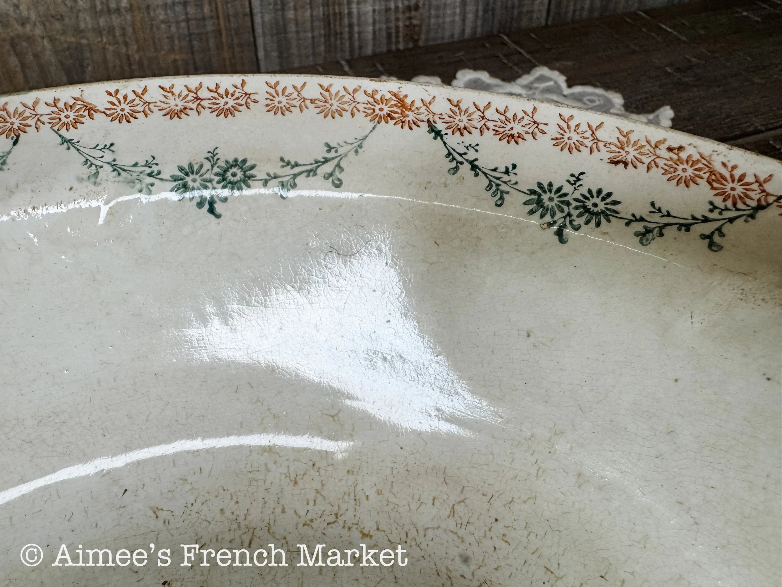 Antique French Faience Serving Bowl – Faïencerie Nouvelle Givors – Burnt Orange & Green Floral – 19th Century French Pottery