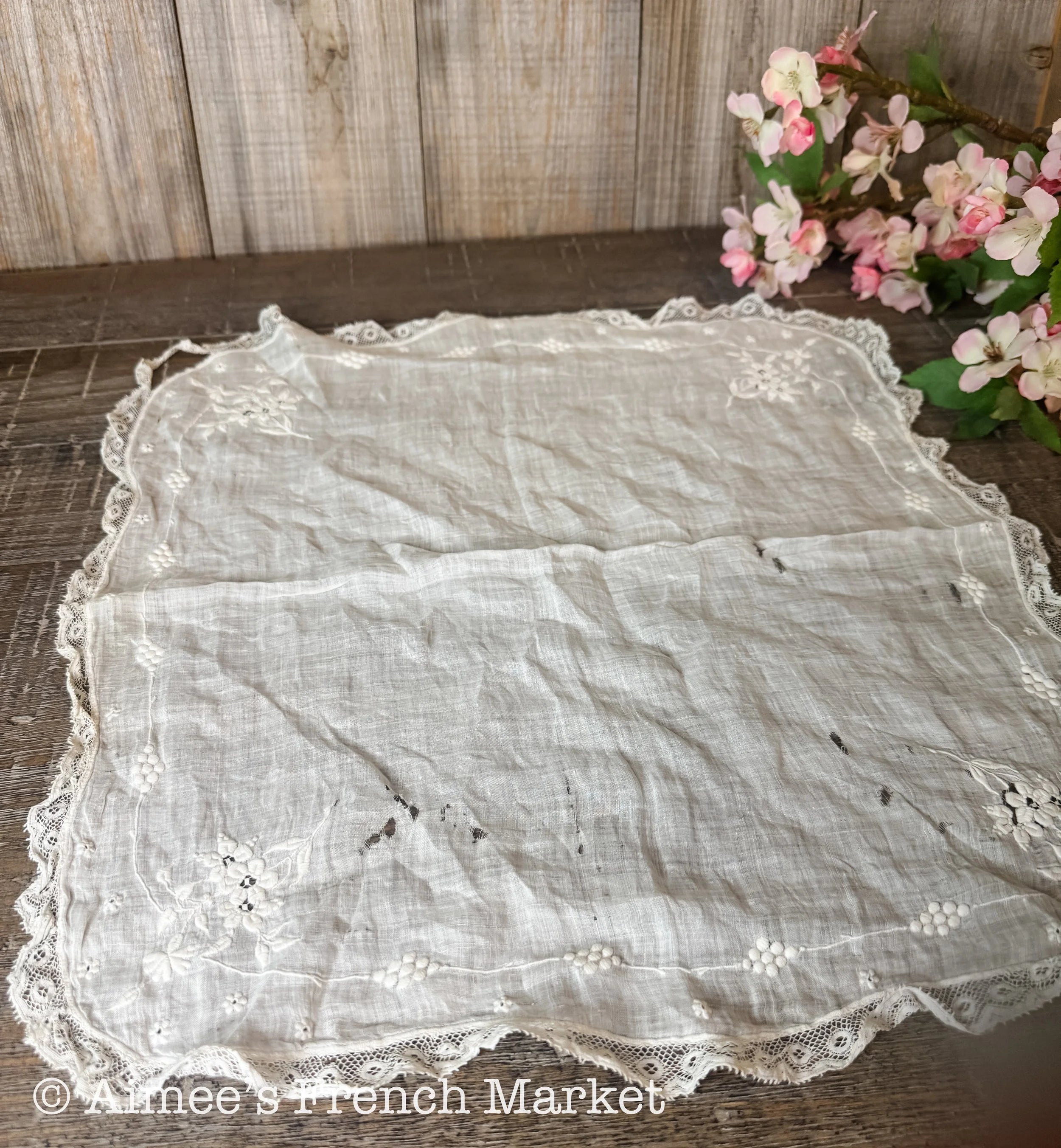 Antique French Victorian Whitework Embroidered Handkerchief – Delicate Bridal “Something Old"
