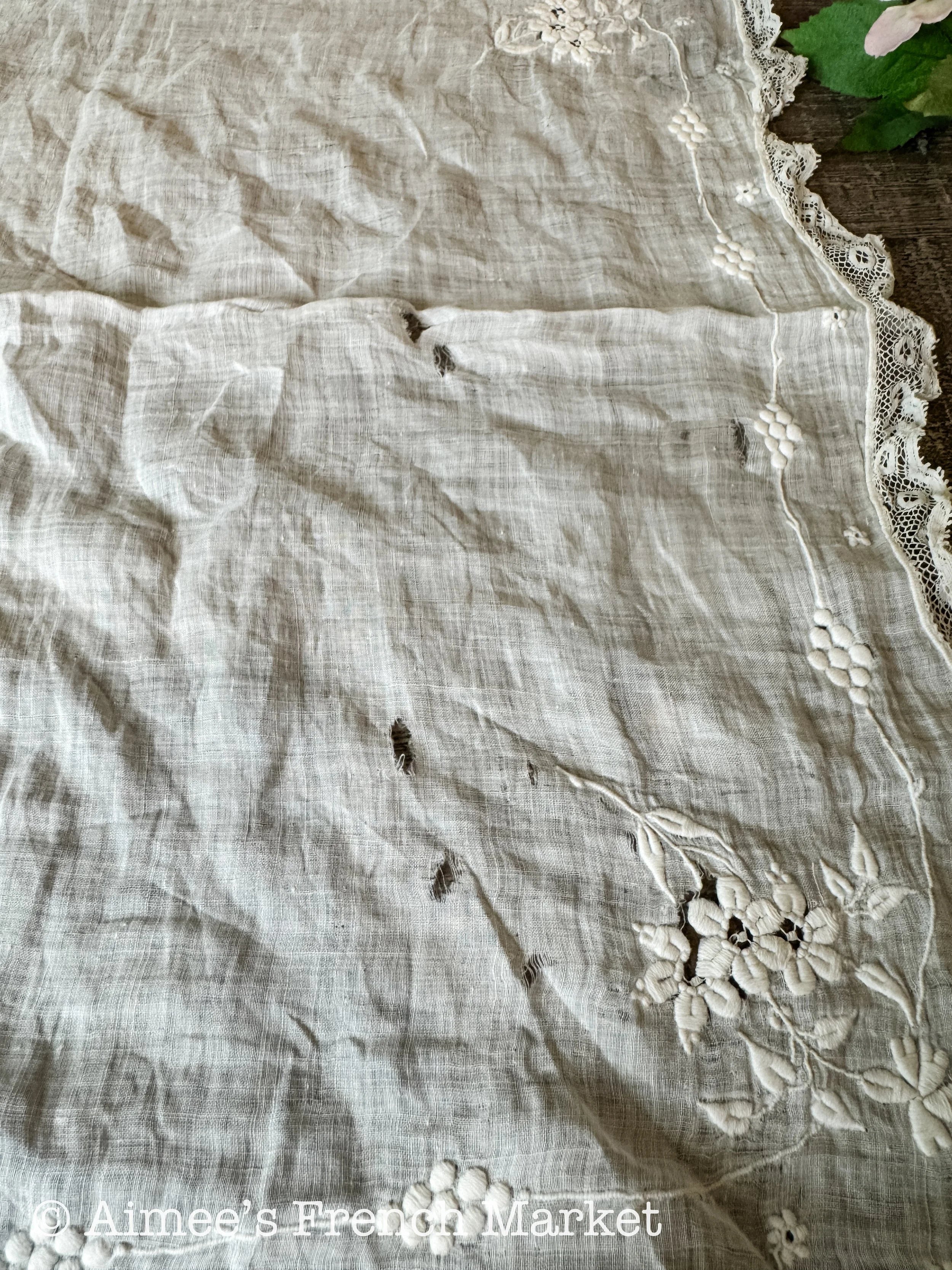 Antique French Victorian Whitework Embroidered Handkerchief – Delicate Bridal “Something Old"