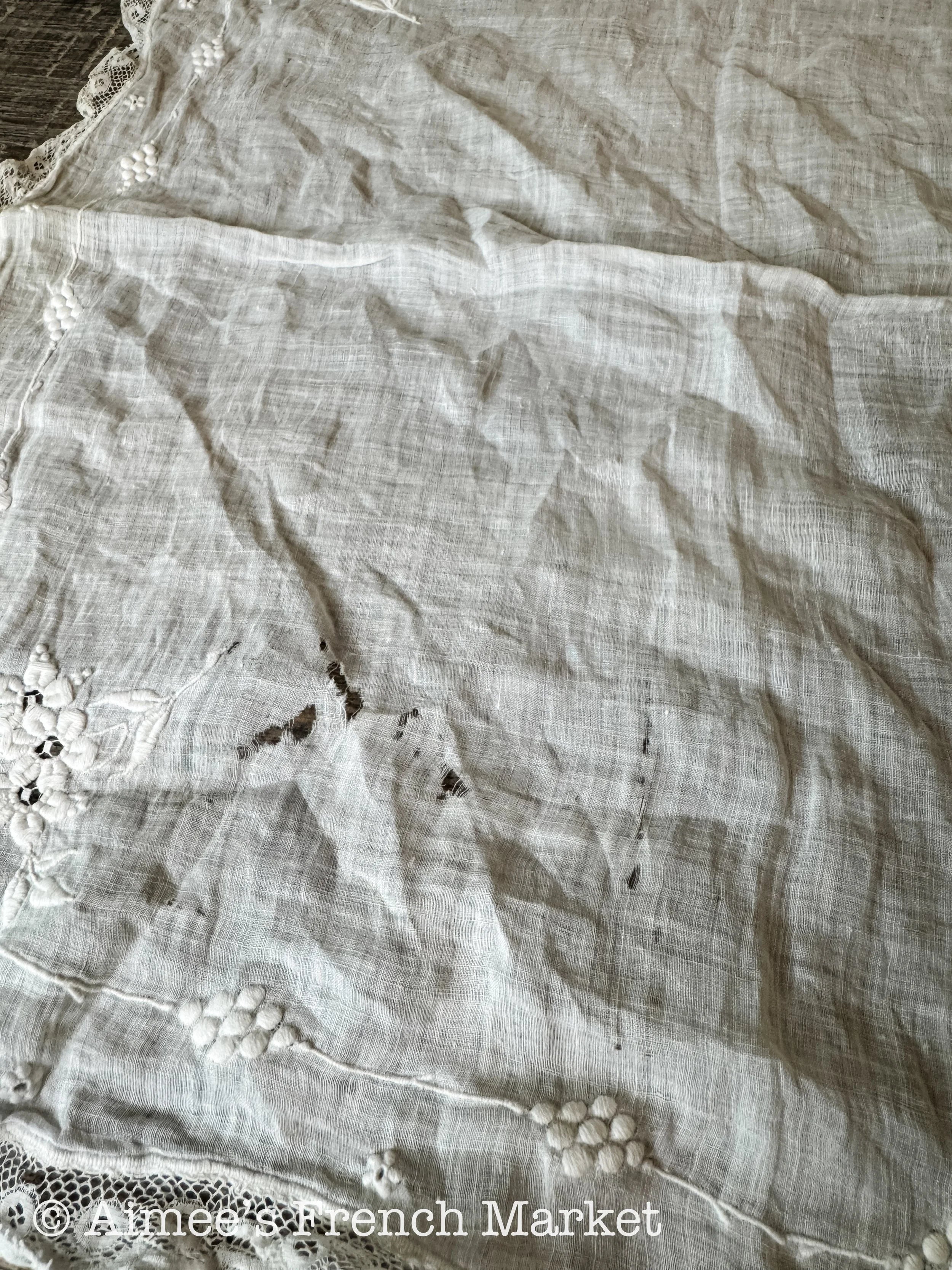 Antique French Victorian Whitework Embroidered Handkerchief – Delicate Bridal “Something Old"