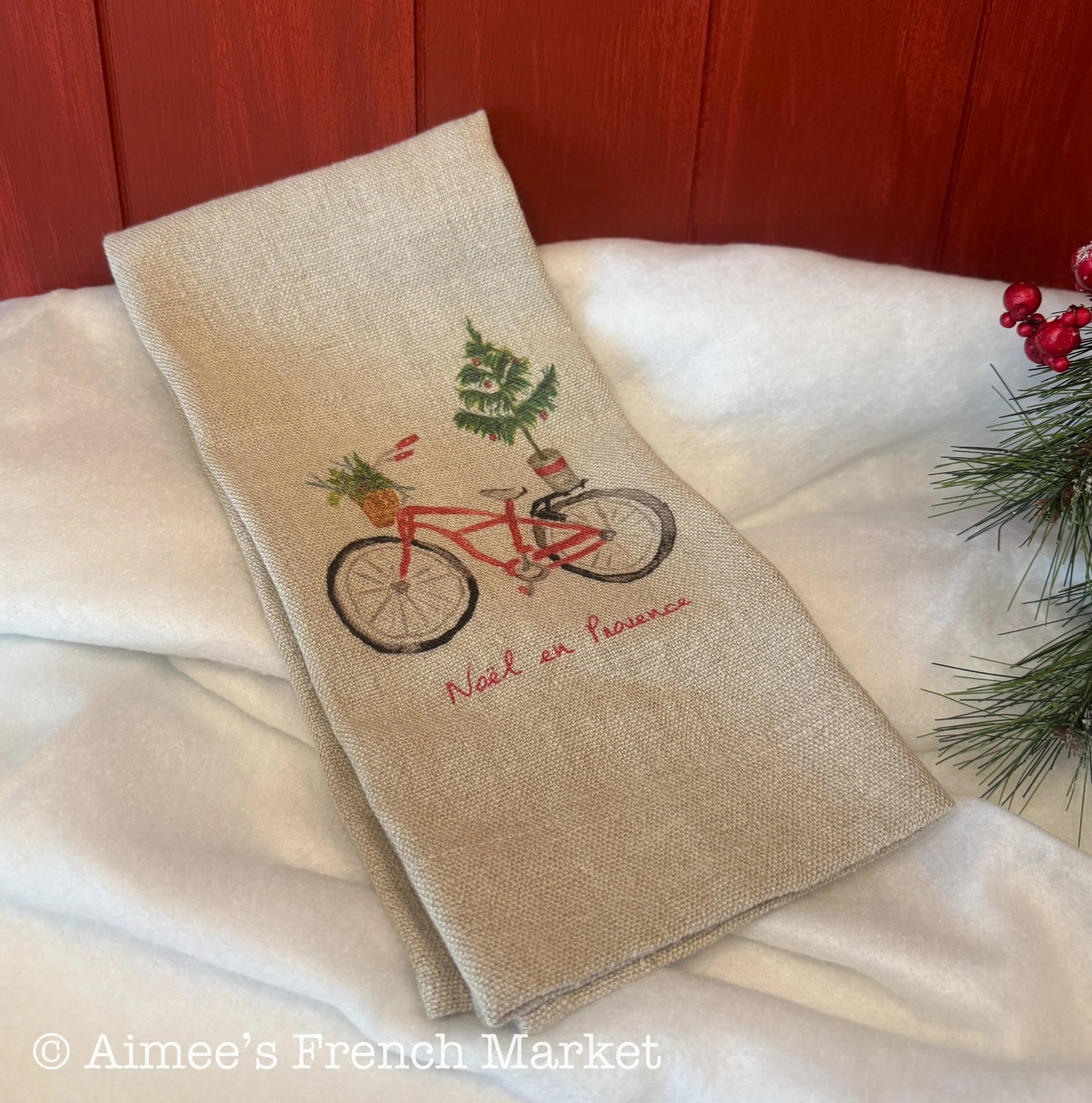 Linen Christmas Kitchen Towel - "Noel a Provence" Bicycle