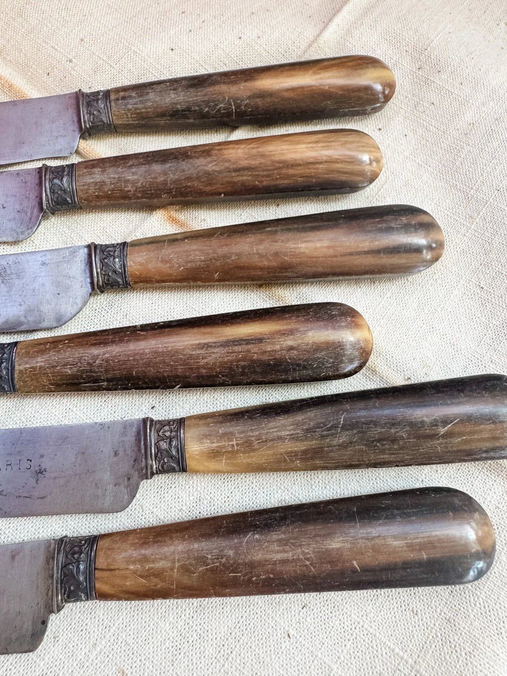 Antique French Fruit Knives – Set of 6 Vintage Paris Cutlery with Horn Handles