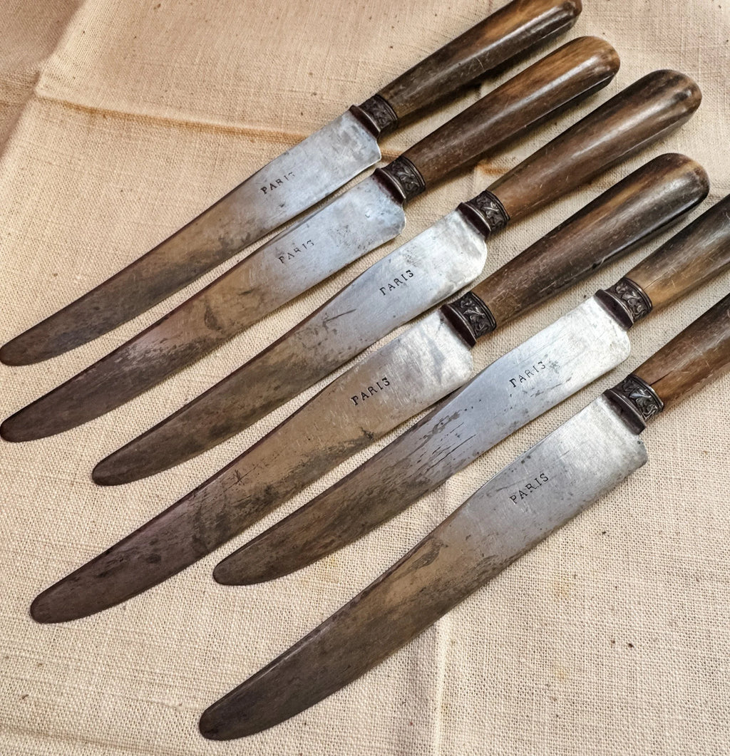 Antique French Fruit Knives – Set of 6 Vintage Paris Cutlery with Horn Handles