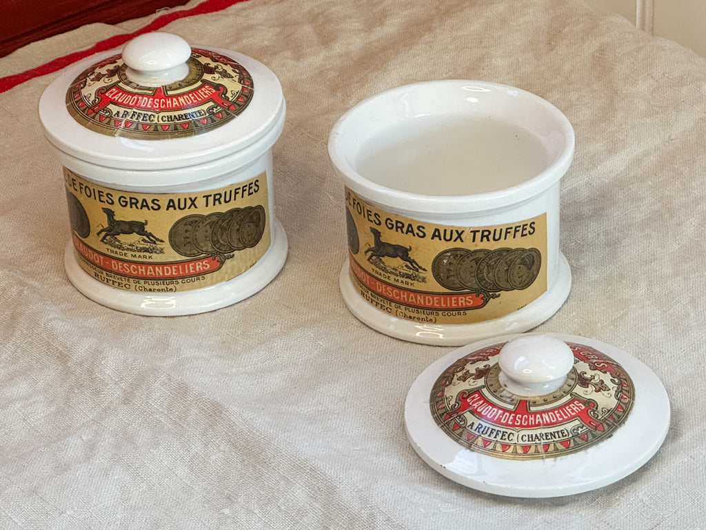 Antique French Foie Gras Terrine Pots, Claudot-Deschandeliers Ruffec Charente, c.1890–1920