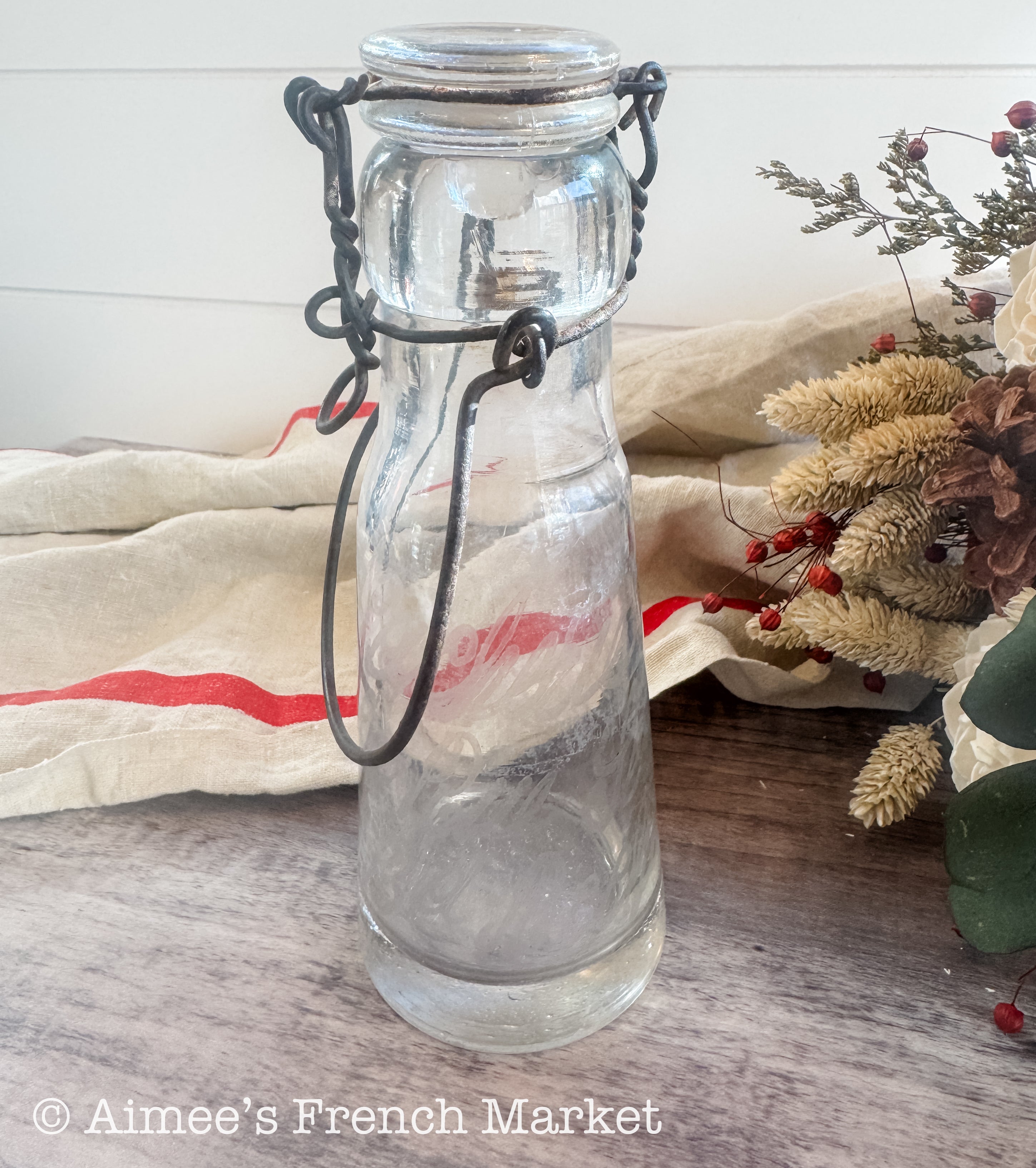Antique French Laiterie Glass Milk Bottle, Wire Bail Handle, Etched Dairy Label, Glass Stopper, French Farmhouse Decor c.1920–1950