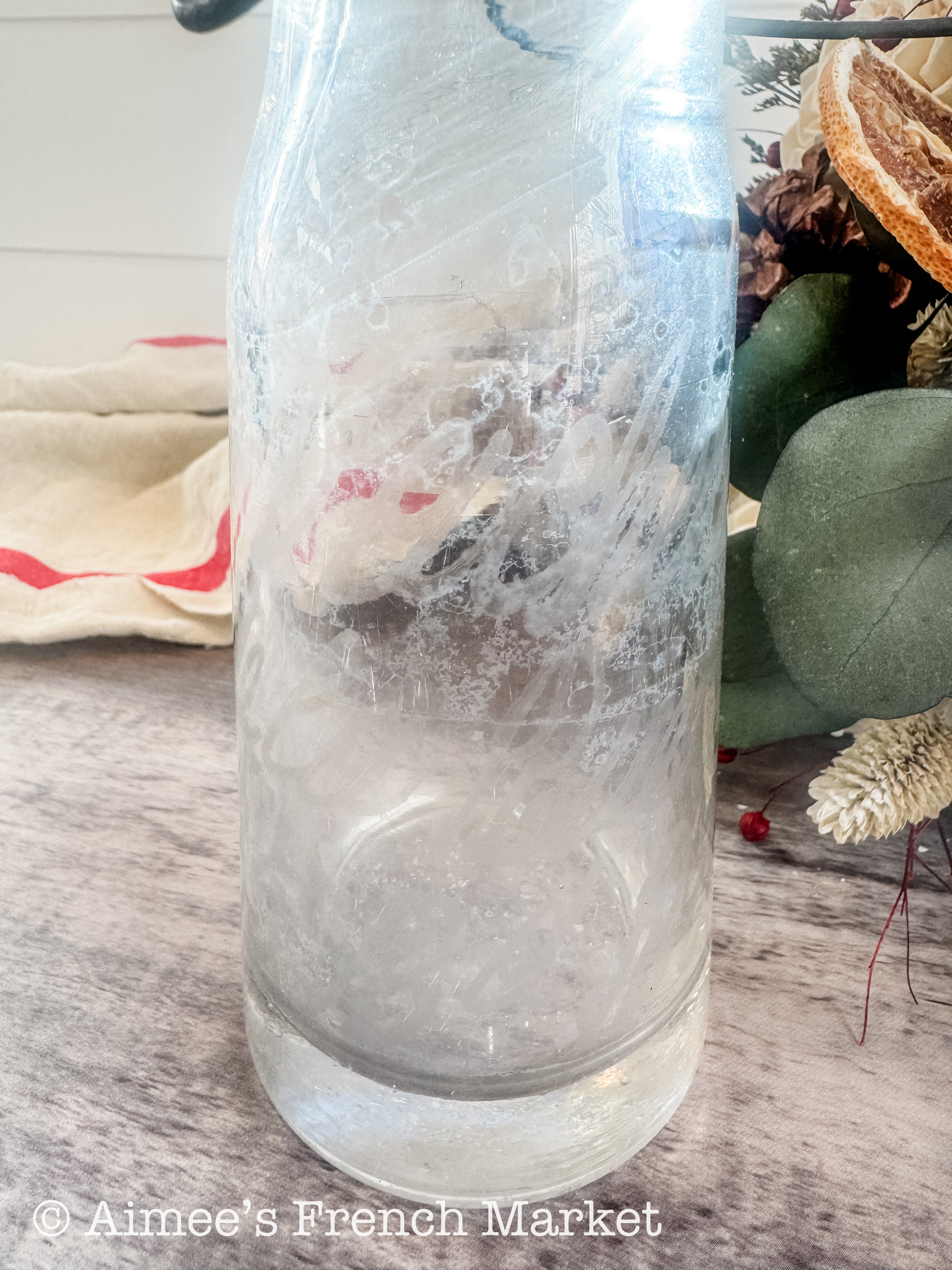 Antique French Laiterie Glass Milk Bottle, Wire Bail Handle, Etched Dairy Label, Glass Stopper, French Farmhouse Decor c.1920–1950