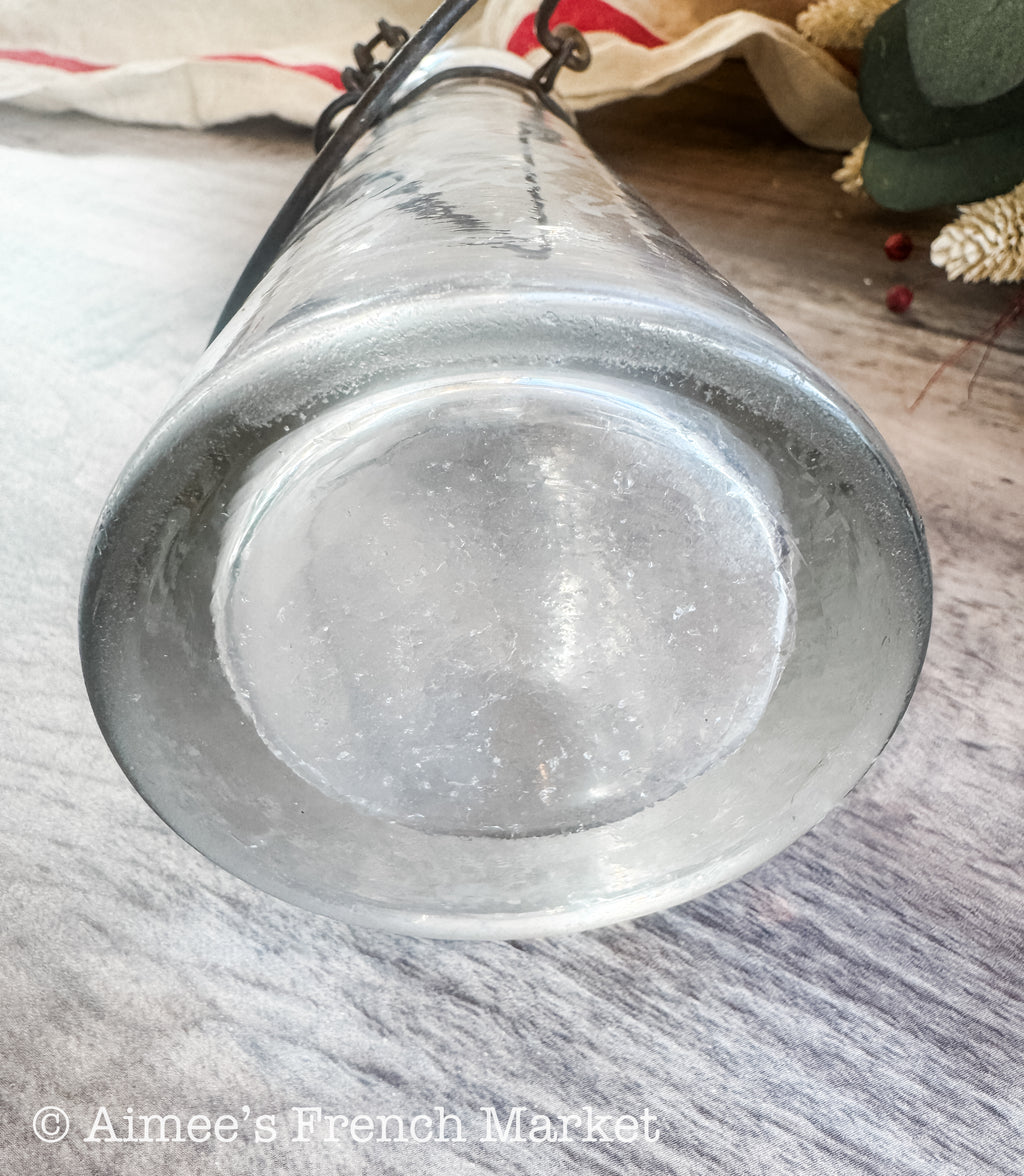 Antique French Laiterie Glass Milk Bottle, Wire Bail Handle, Etched Dairy Label, Glass Stopper, French Farmhouse Decor c.1920–1950