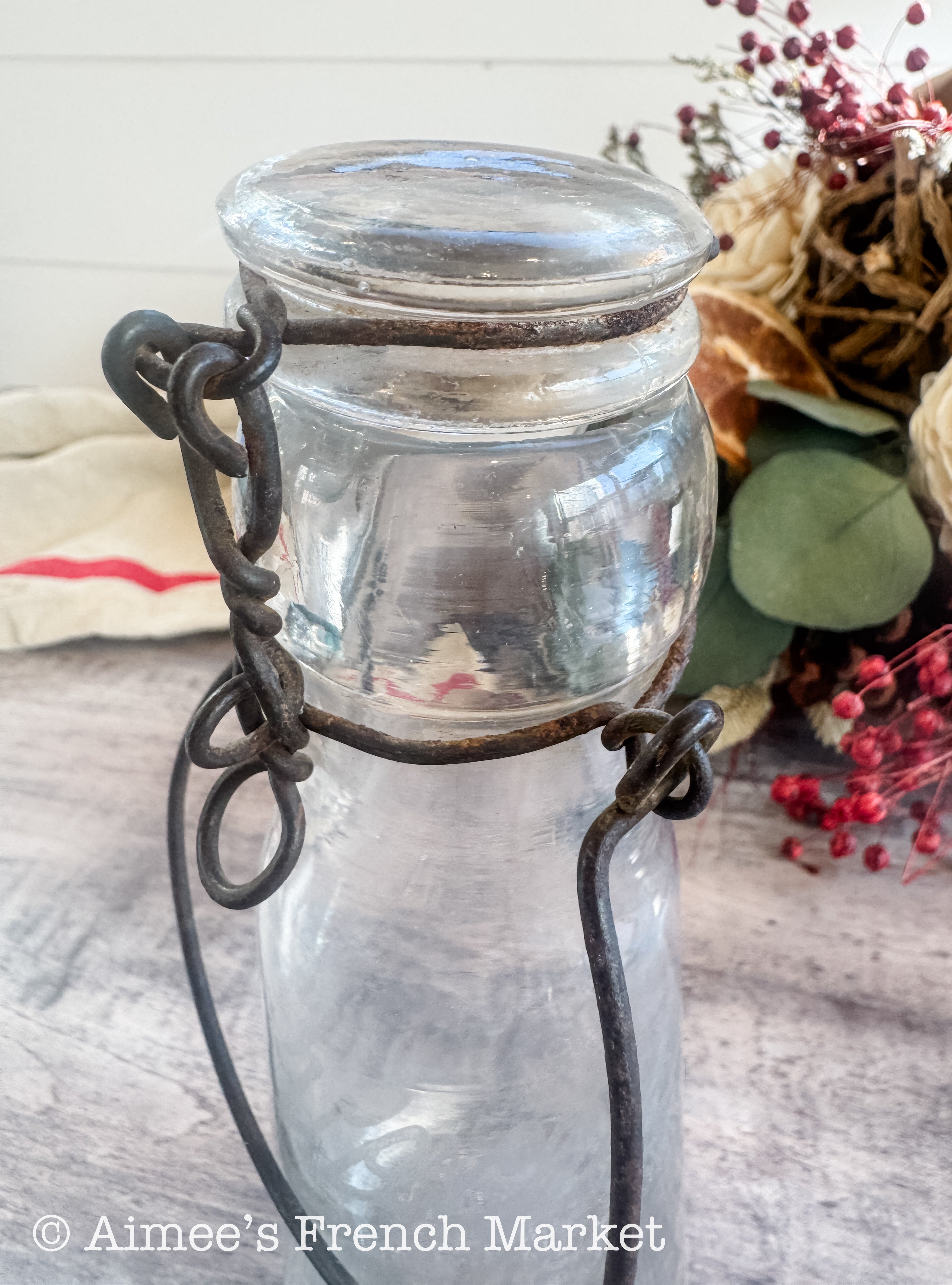 Antique French Laiterie Glass Milk Bottle, Wire Bail Handle, Etched Dairy Label, Glass Stopper, French Farmhouse Decor c.1920–1950