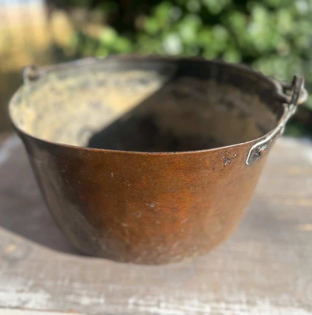 Antique French Copper Pot 11” | Rustic Copper Bowl w/ Iron Handles