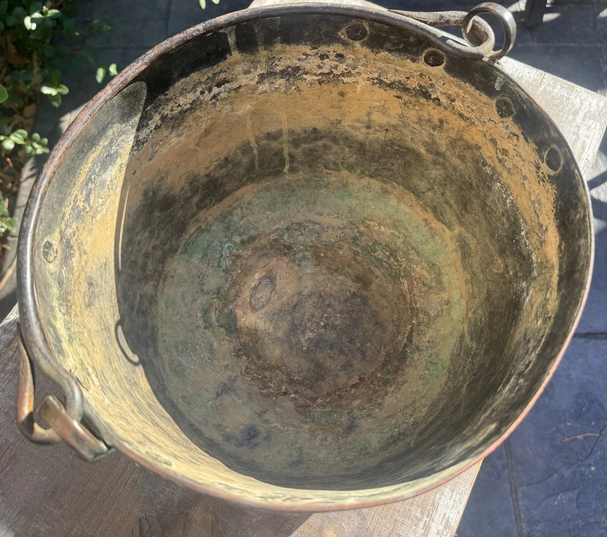 Antique French Copper Pot 11” | Rustic Copper Bowl w/ Iron Handles