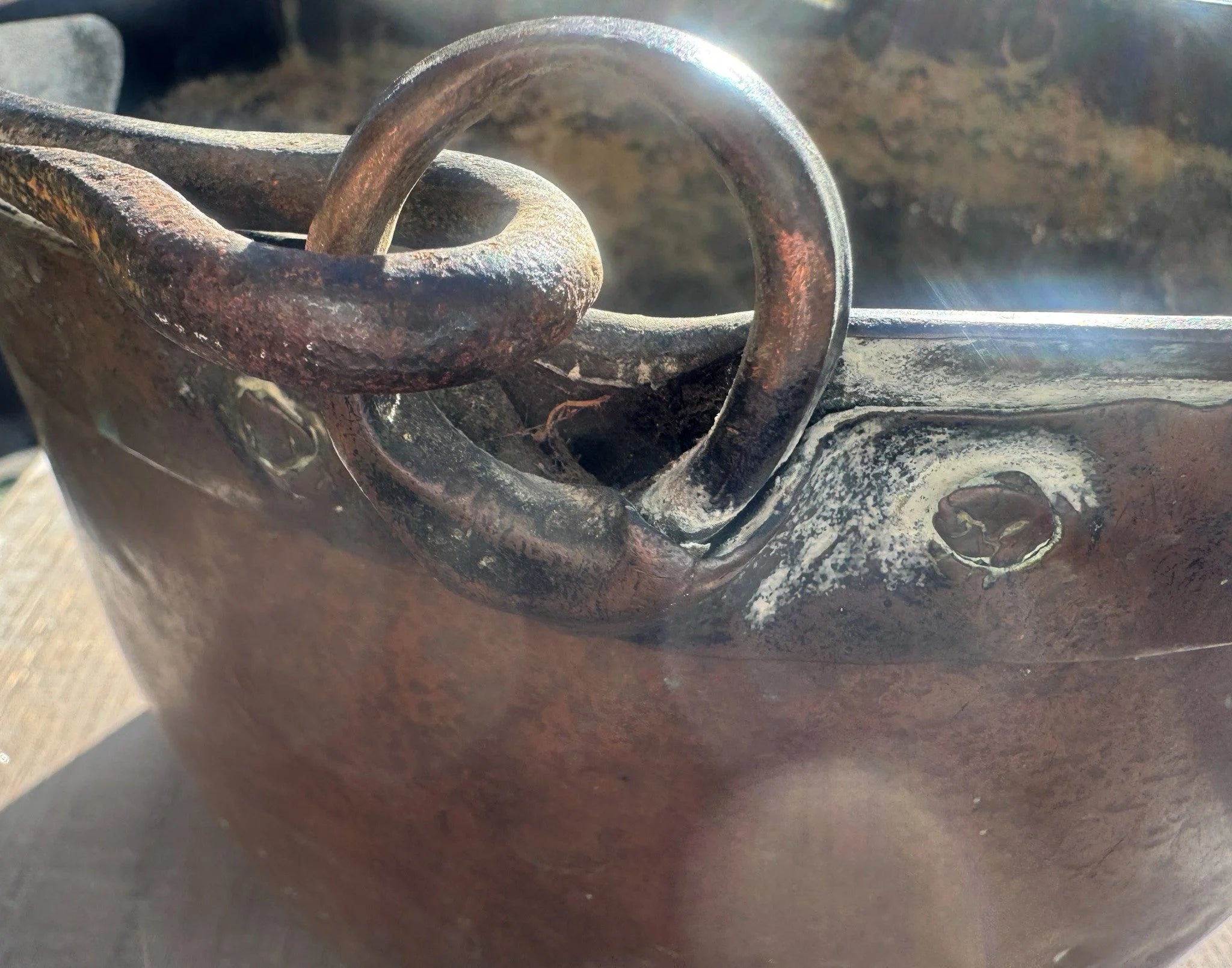 Antique French Copper Pot 11” | Rustic Copper Bowl w/ Iron Handles