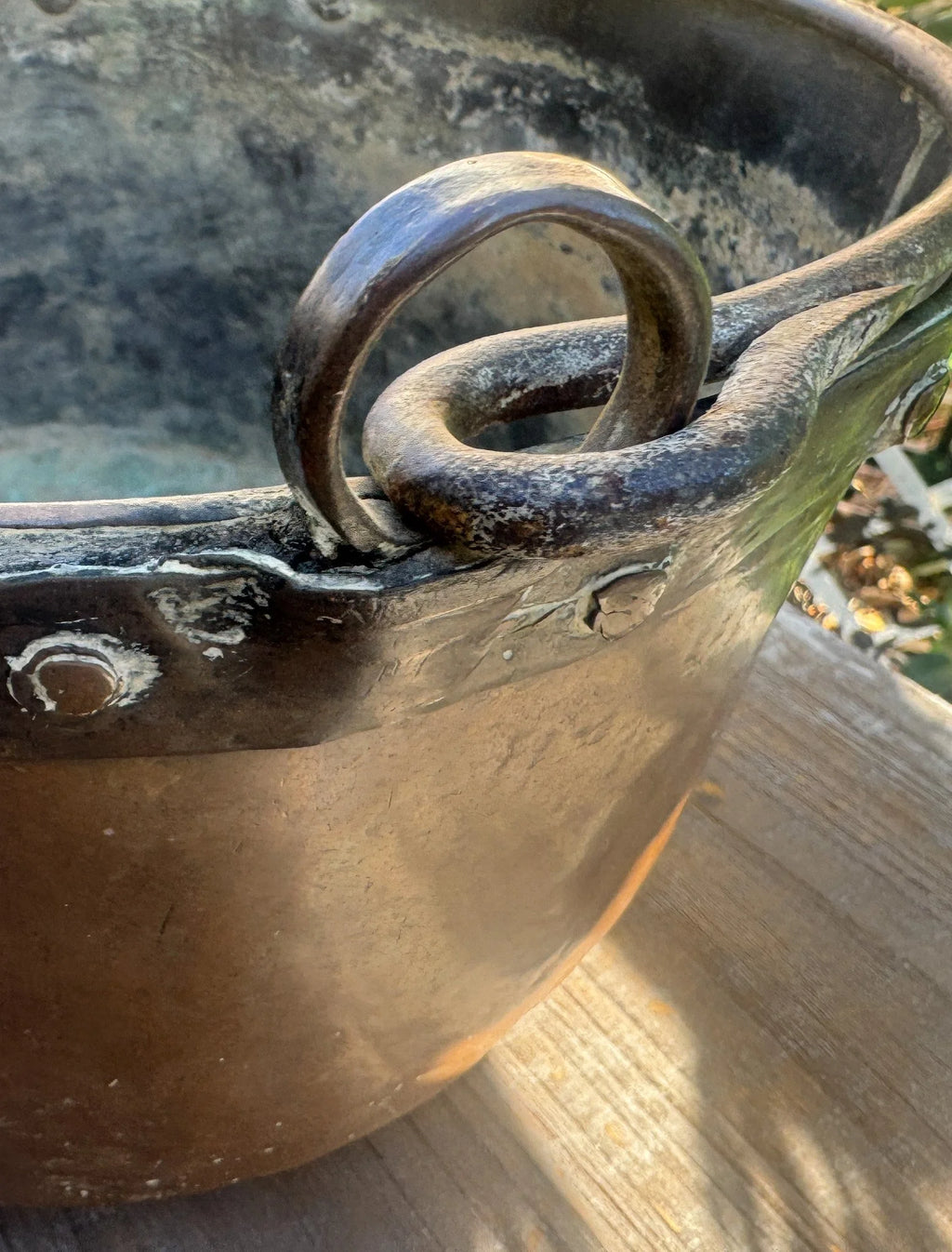 Antique French Copper Pot 11” | Rustic Copper Bowl w/ Iron Handles