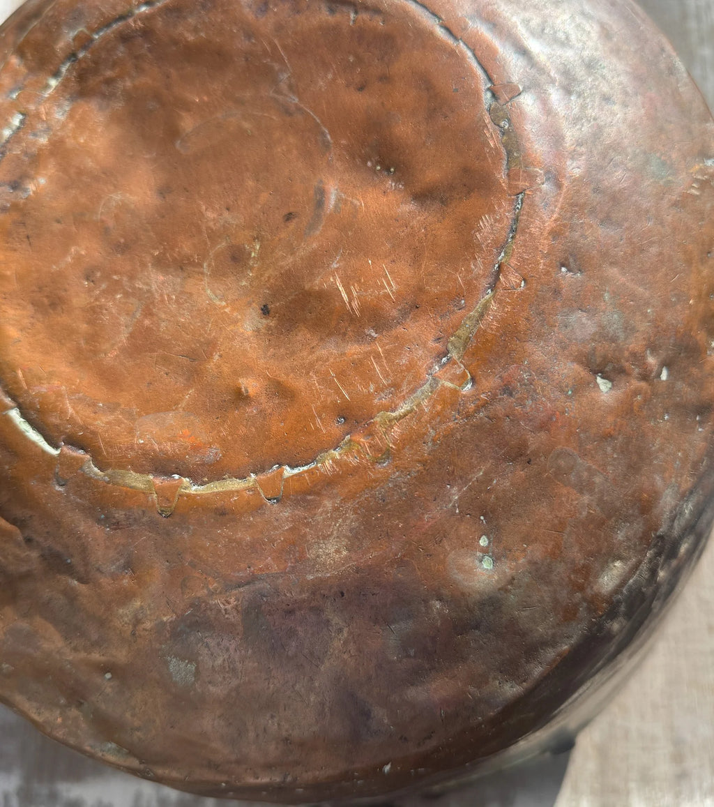 Antique French Copper Pot 11” | Rustic Copper Bowl w/ Iron Handles