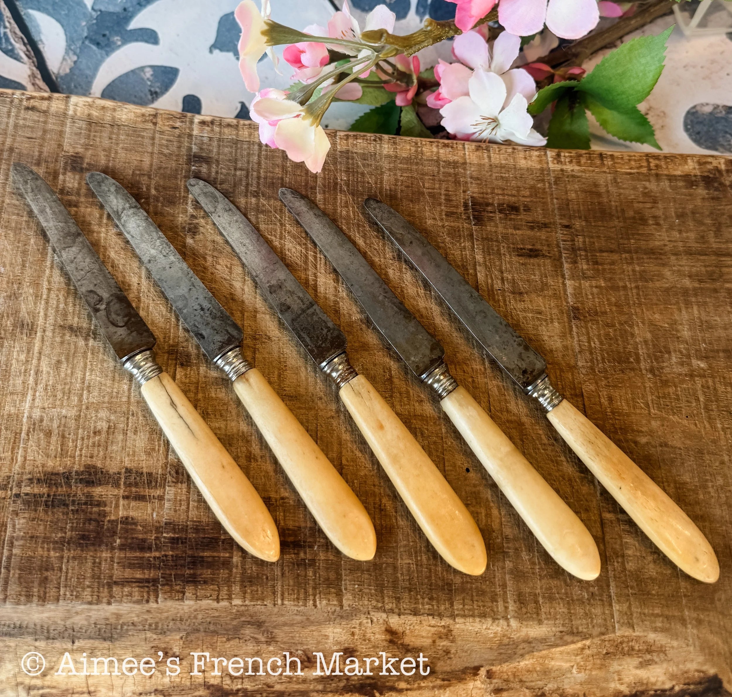 Antique French Fruit Knives – Set of 5 Vintage Paris Cutlery with Horn Handles