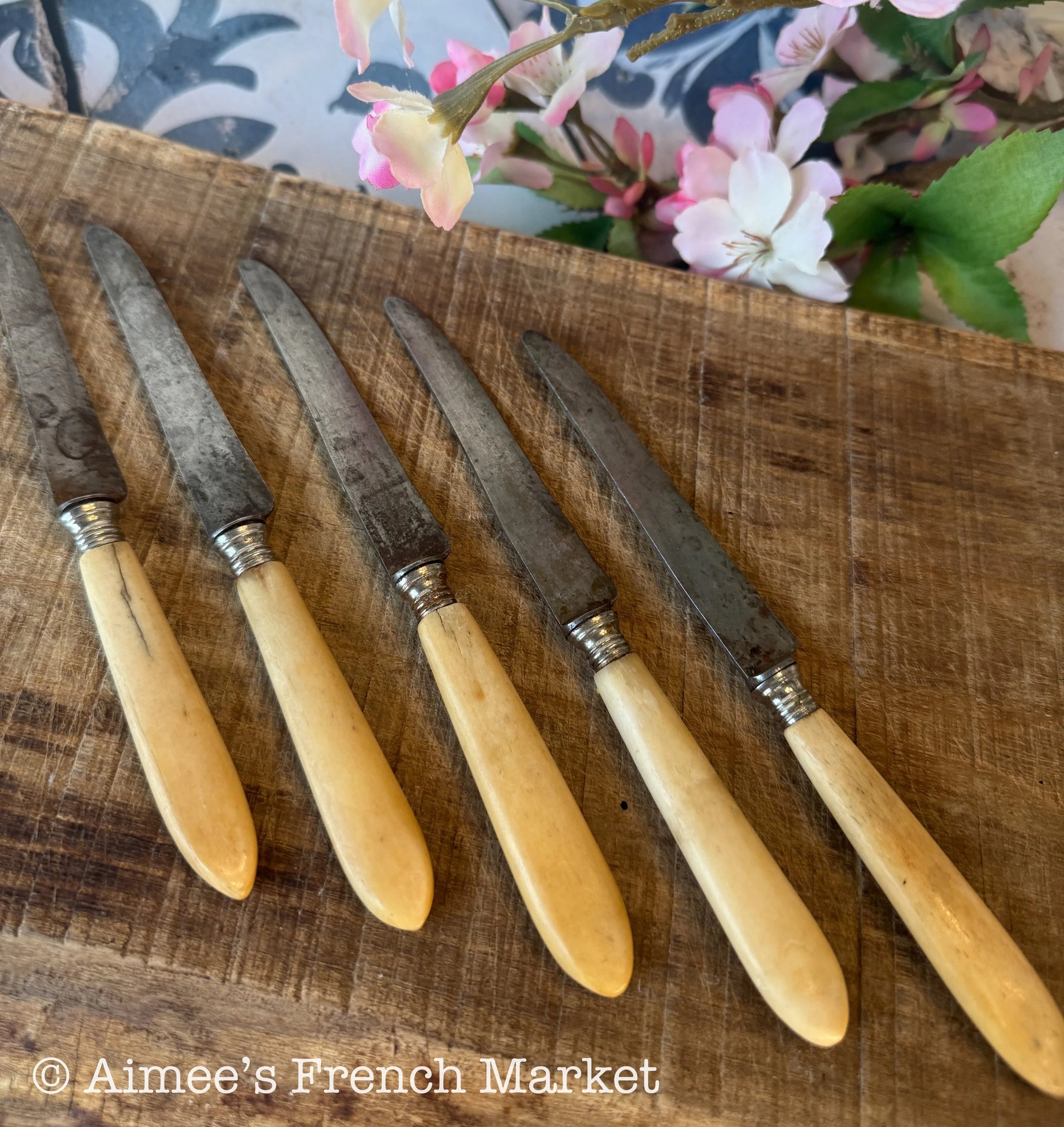 Antique French Fruit Knives – Set of 5 Vintage Paris Cutlery with Horn Handles