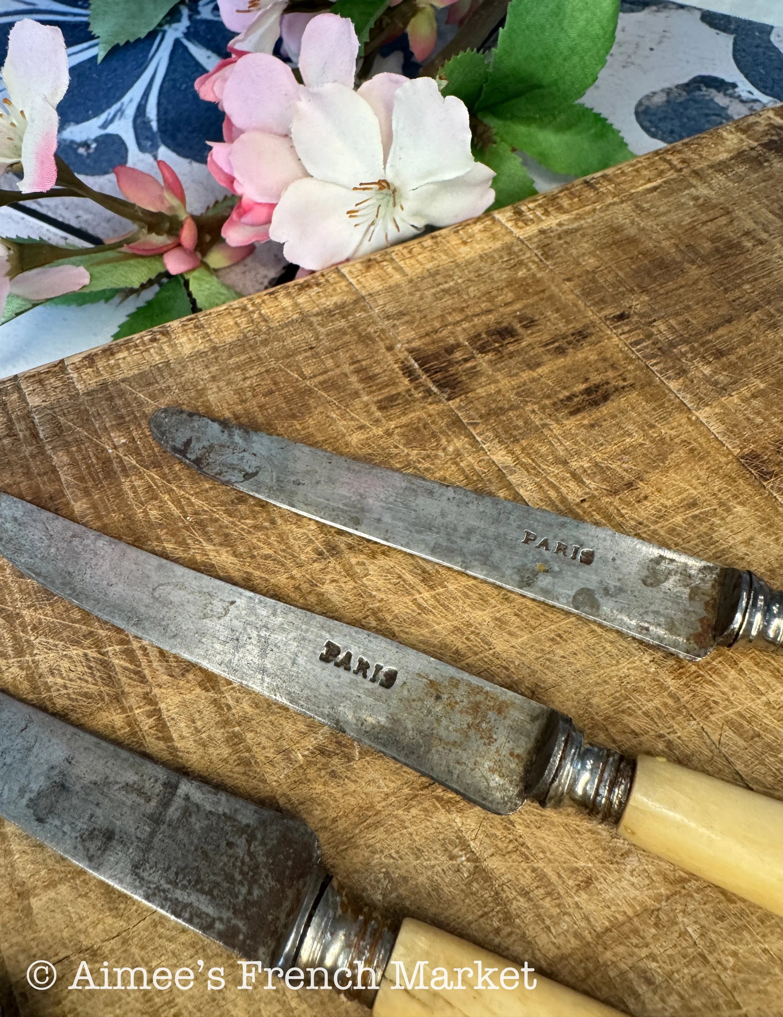 Antique French Fruit Knives – Set of 5 Vintage Paris Cutlery with Horn Handles