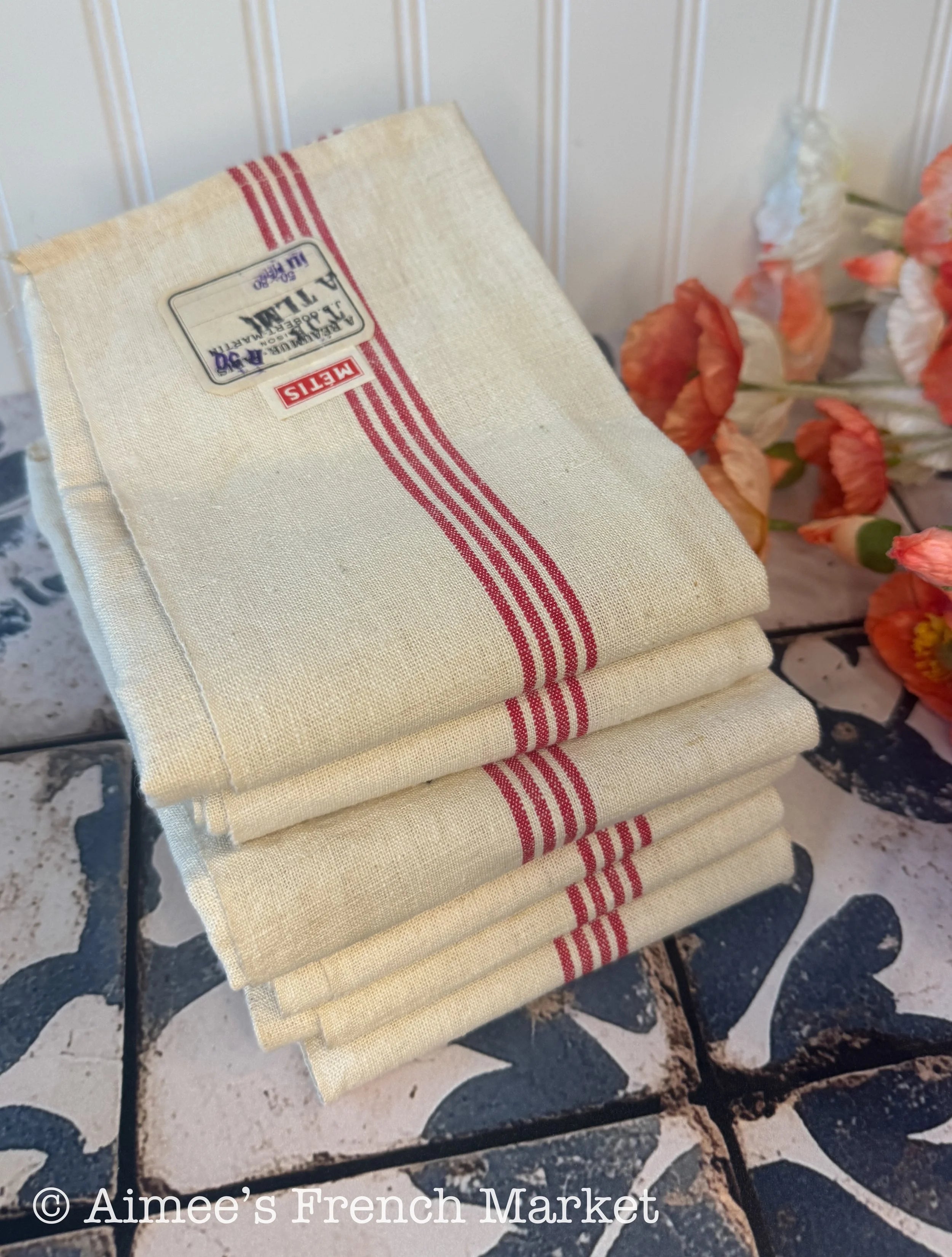 French Vintage Red-Striped Linen Kitchen Towels, c.1920s, Quadruple/Four Stripe