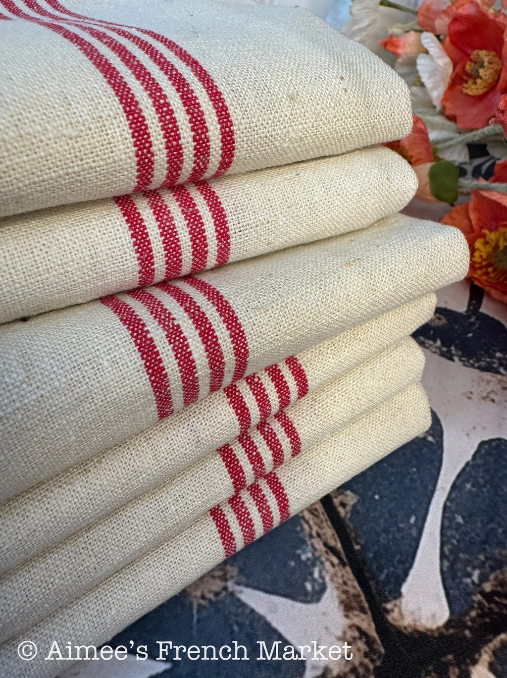 French Vintage Red-Striped Linen Kitchen Towels, c.1920s, Quadruple/Four Stripe
