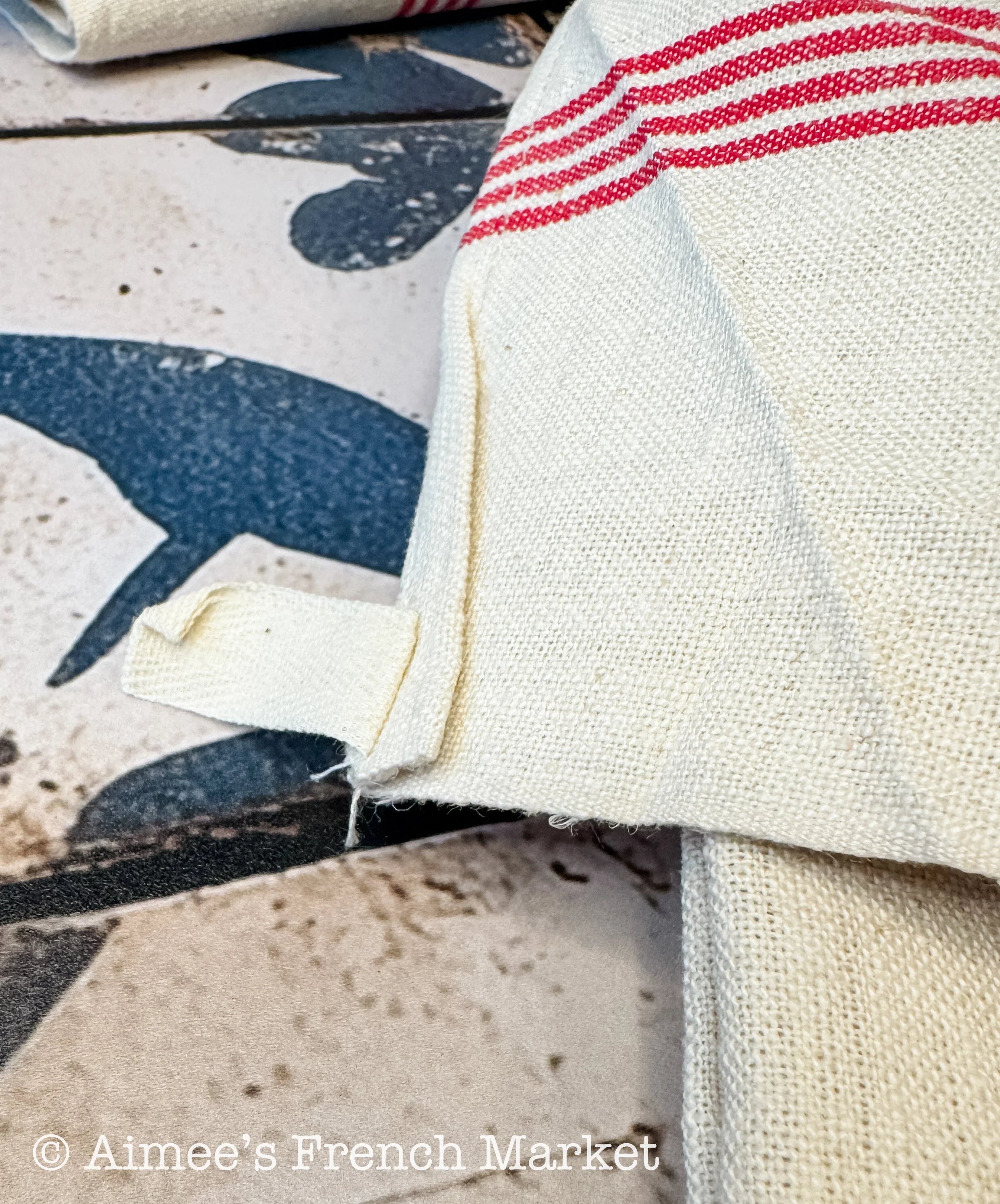 French Vintage Red-Striped Linen Kitchen Towels, c.1920s, Quadruple/Four Stripe
