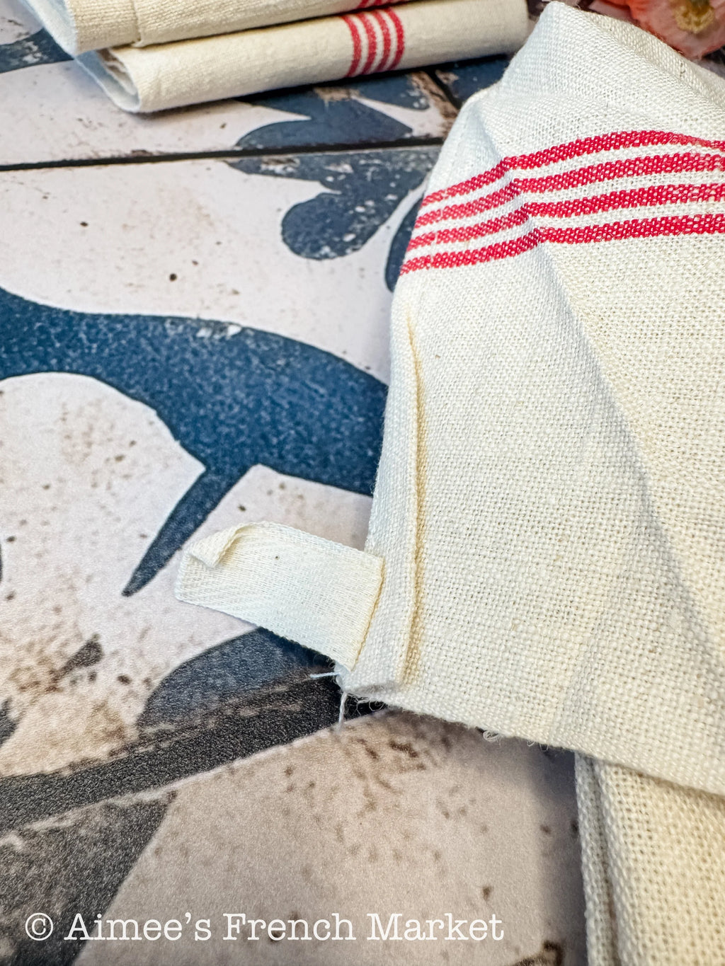 French Vintage Red-Striped Linen Kitchen Towels, c.1920s, Quadruple/Four Stripe