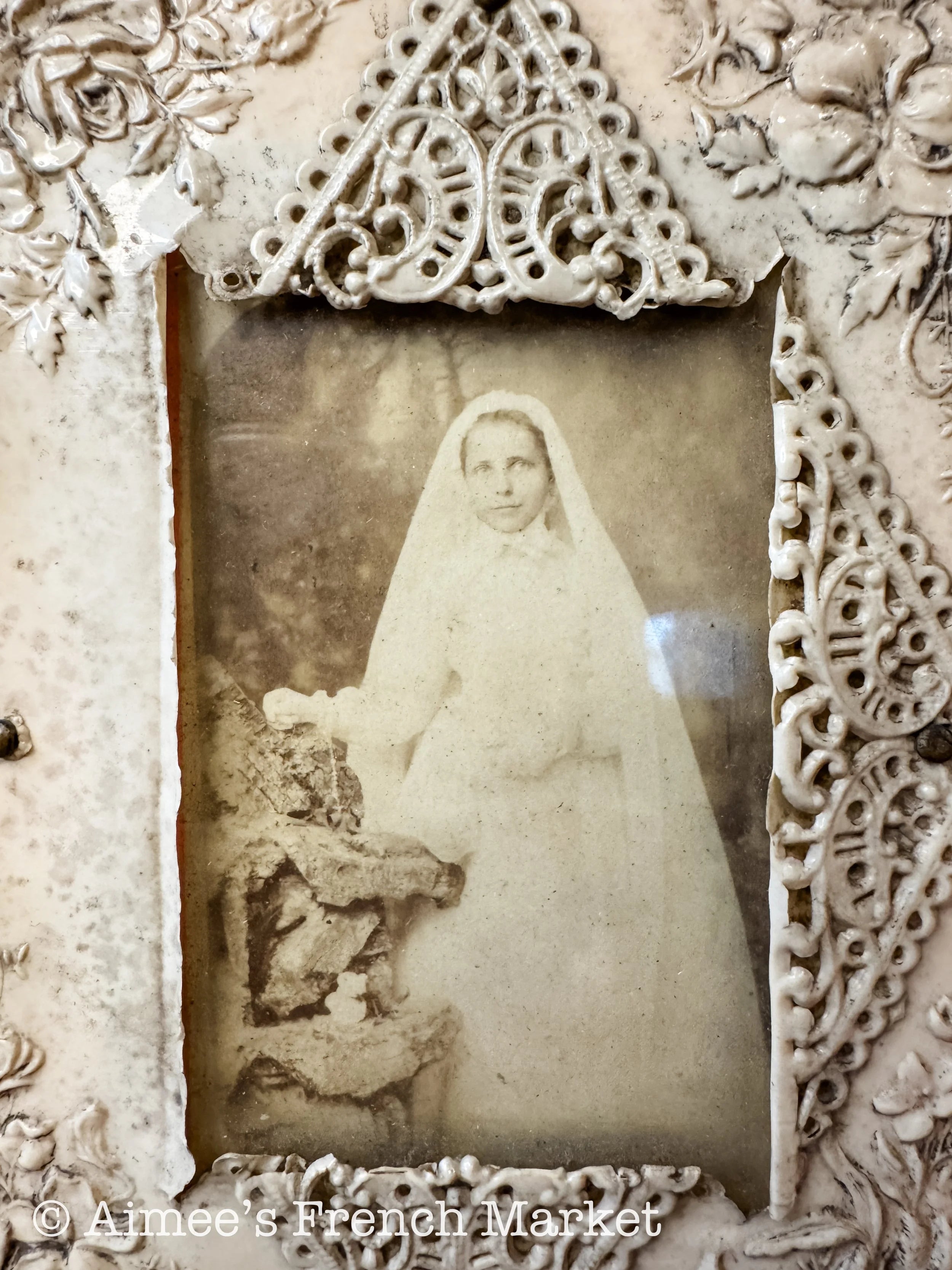 Rare French Antique Celluloid Photo Frame with Original Photo