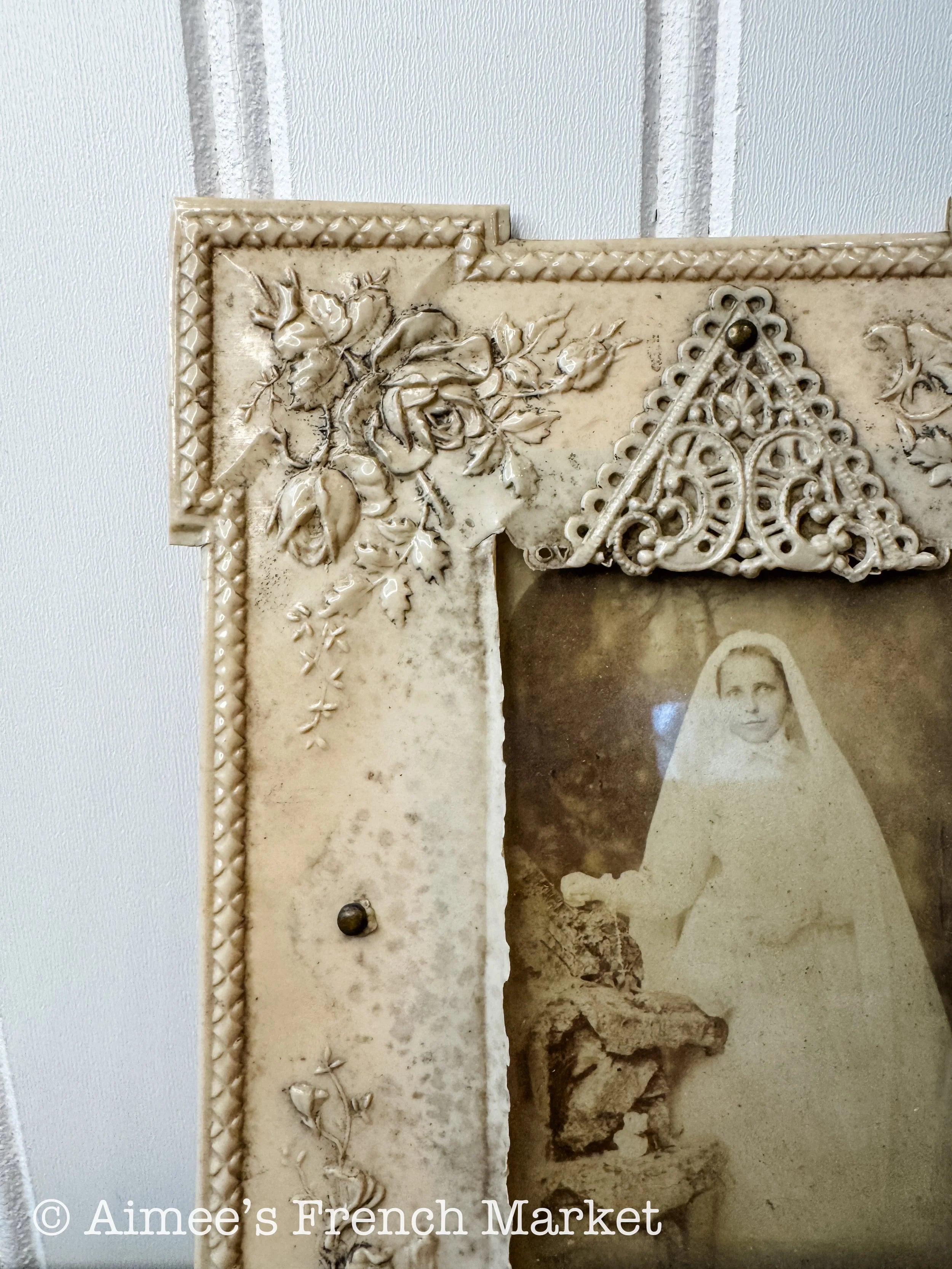 Rare French Antique Celluloid Photo Frame with Original Photo