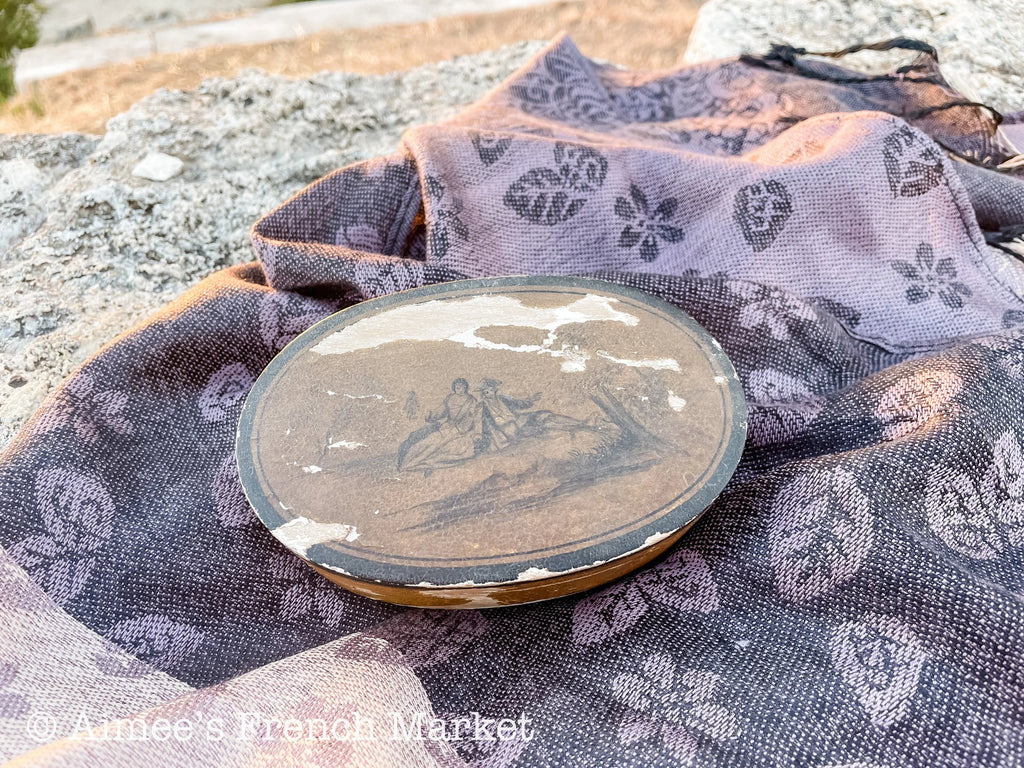 75% off - Antique French Oval Jewelry Box with hinged lid and bucolic scene, c. 1900