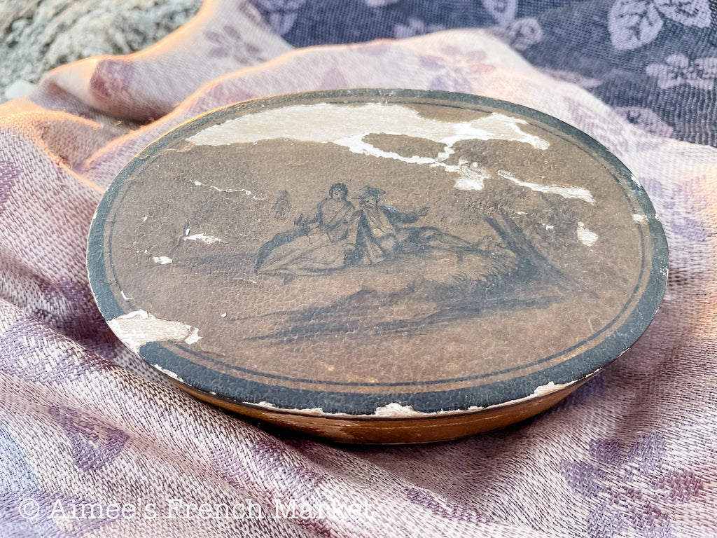 75% off - Antique French Oval Jewelry Box with hinged lid and bucolic scene, c. 1900