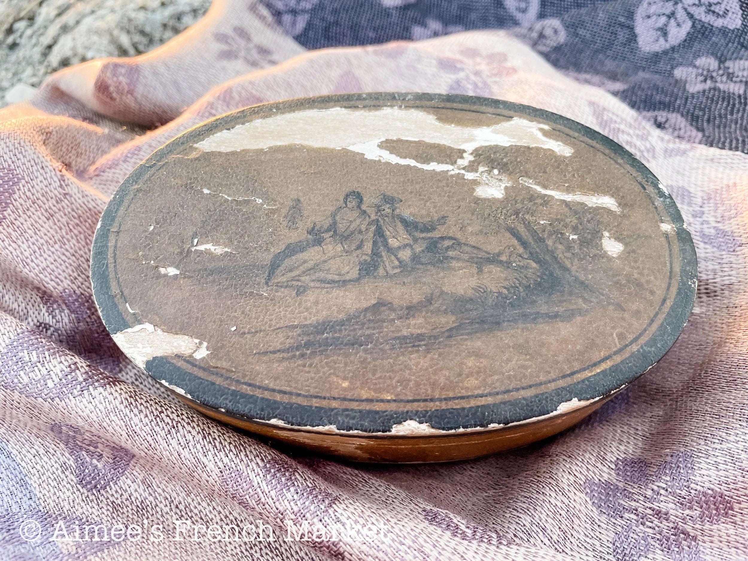 75% off - Antique French Oval Jewelry Box with hinged lid and bucolic scene, c. 1900