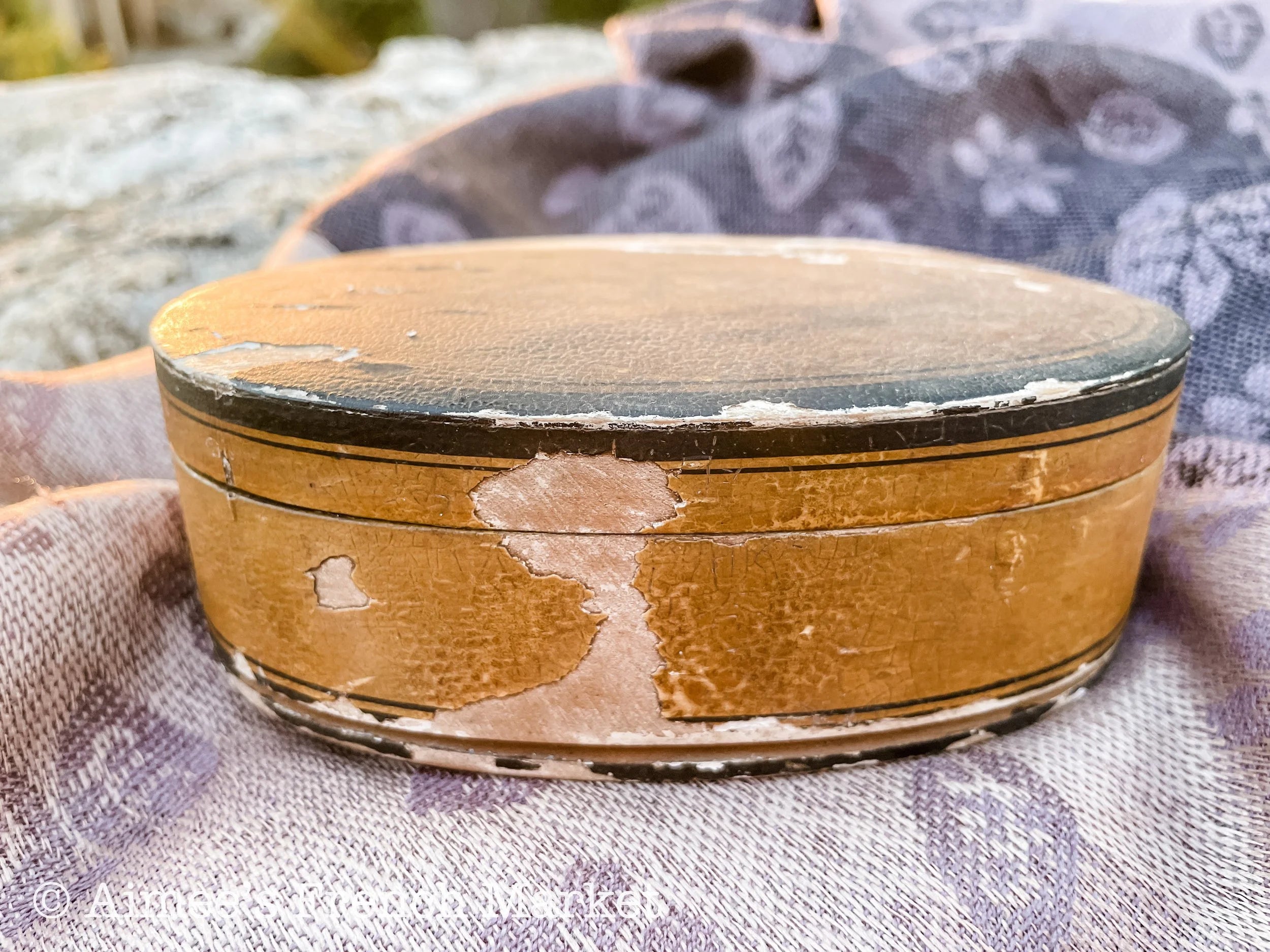 75% off - Antique French Oval Jewelry Box with hinged lid and bucolic scene, c. 1900