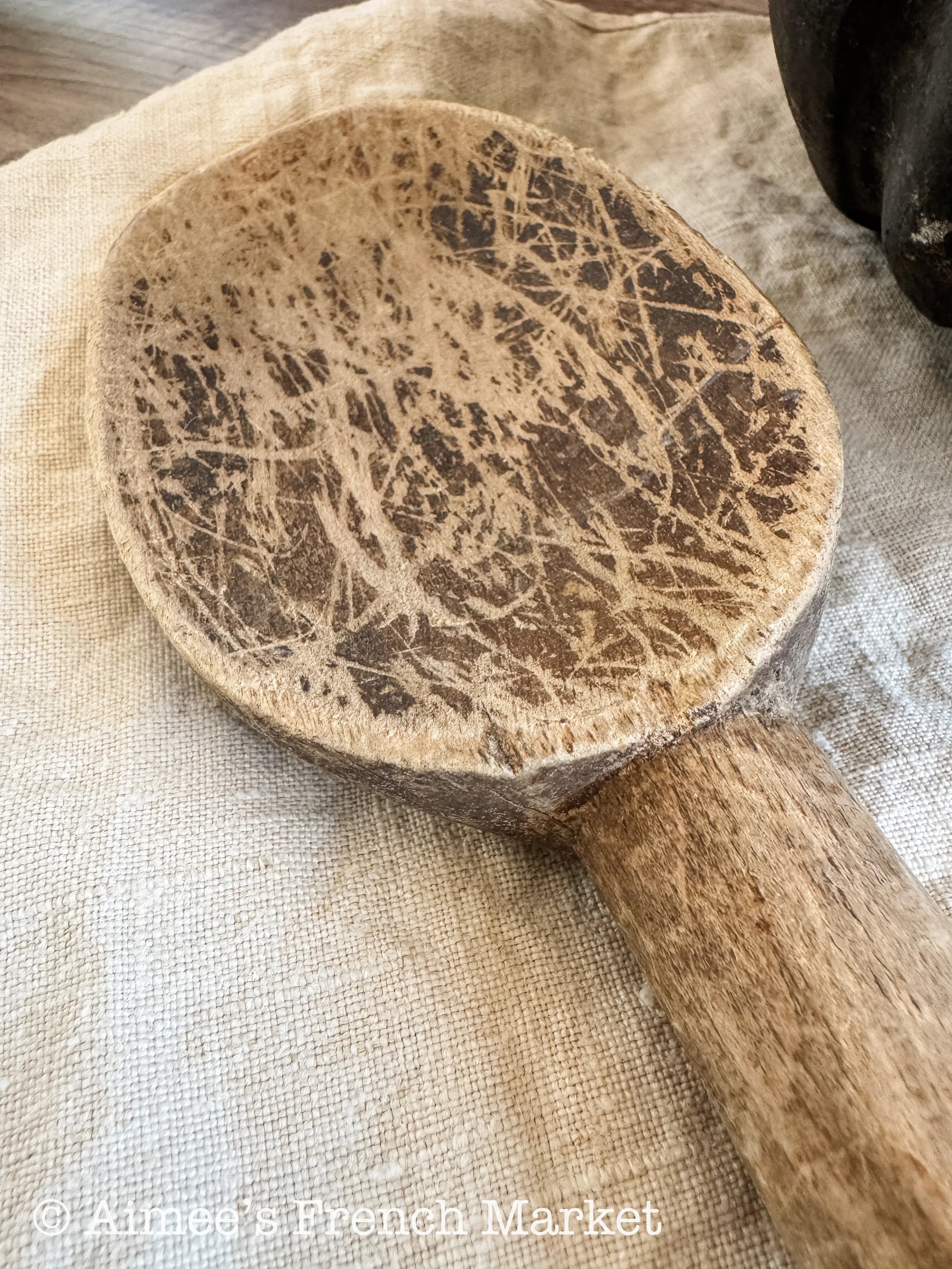 Large Antique French Wooden Spoon 17.5”, Rustic Farmhouse Kitchen Utensil, Vintage Hand Carved Wood Cooking Spoon, Primitive French Kitchen Decor
