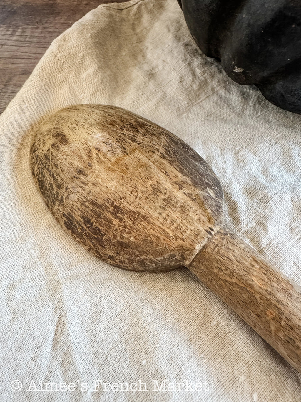 Large Antique French Wooden Spoon 17.5”, Rustic Farmhouse Kitchen Utensil, Vintage Hand Carved Wood Cooking Spoon, Primitive French Kitchen Decor