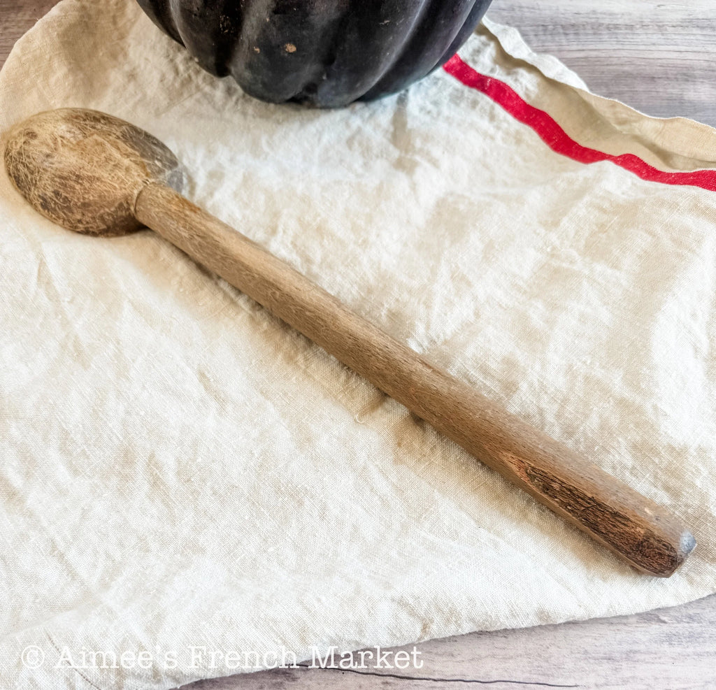 Large Antique French Wooden Spoon 17.5”, Rustic Farmhouse Kitchen Utensil, Vintage Hand Carved Wood Cooking Spoon, Primitive French Kitchen Decor