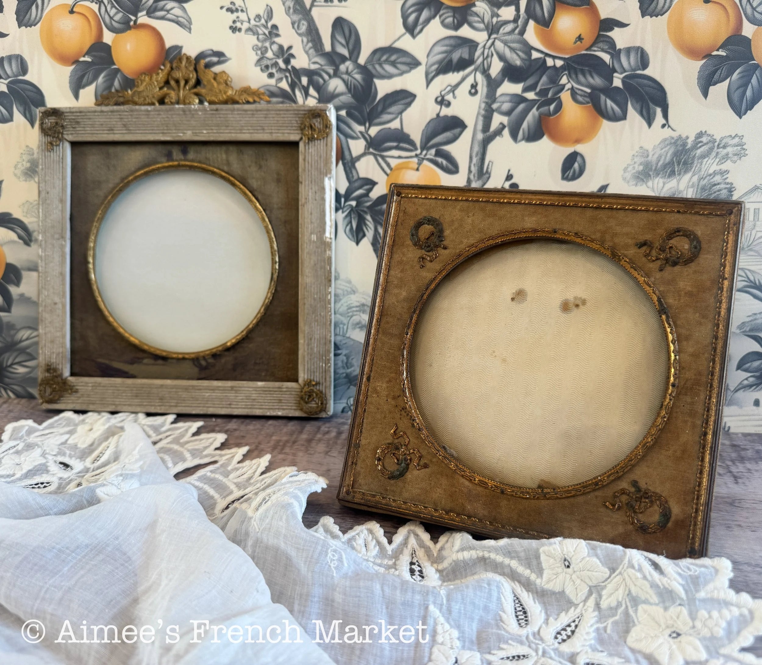 Antique French Photo Frame, Louis XVI Style Round Portrait Frame, Silk Mat Ormolu Mounts, Small, c. 1880s