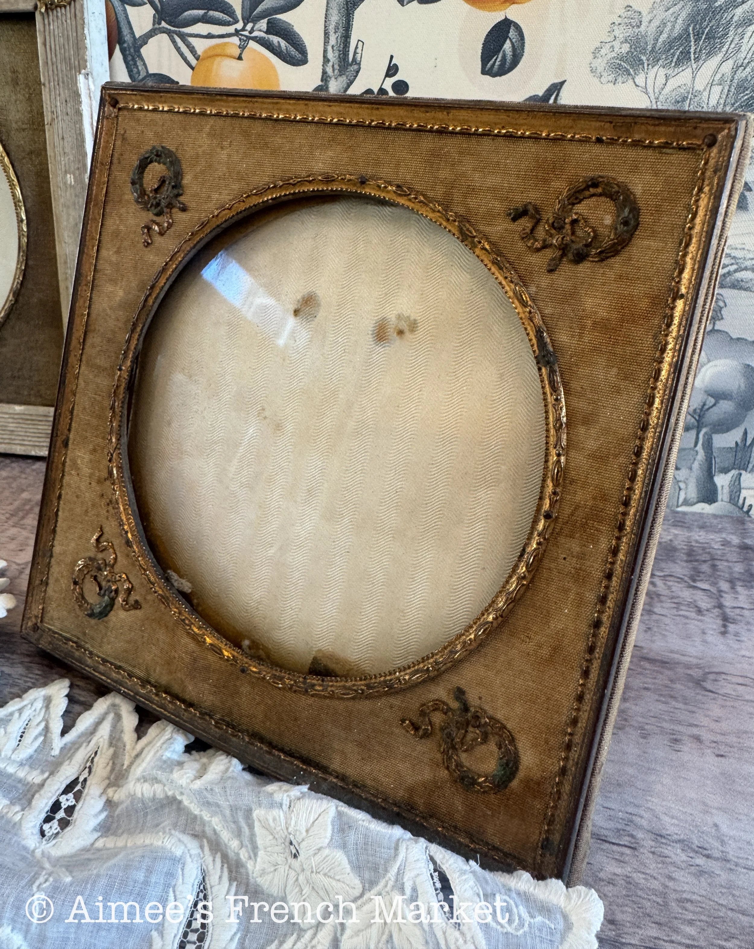 Antique French Photo Frame, Louis XVI Style Round Portrait Frame, Silk Mat Ormolu Mounts, Small, c. 1880s
